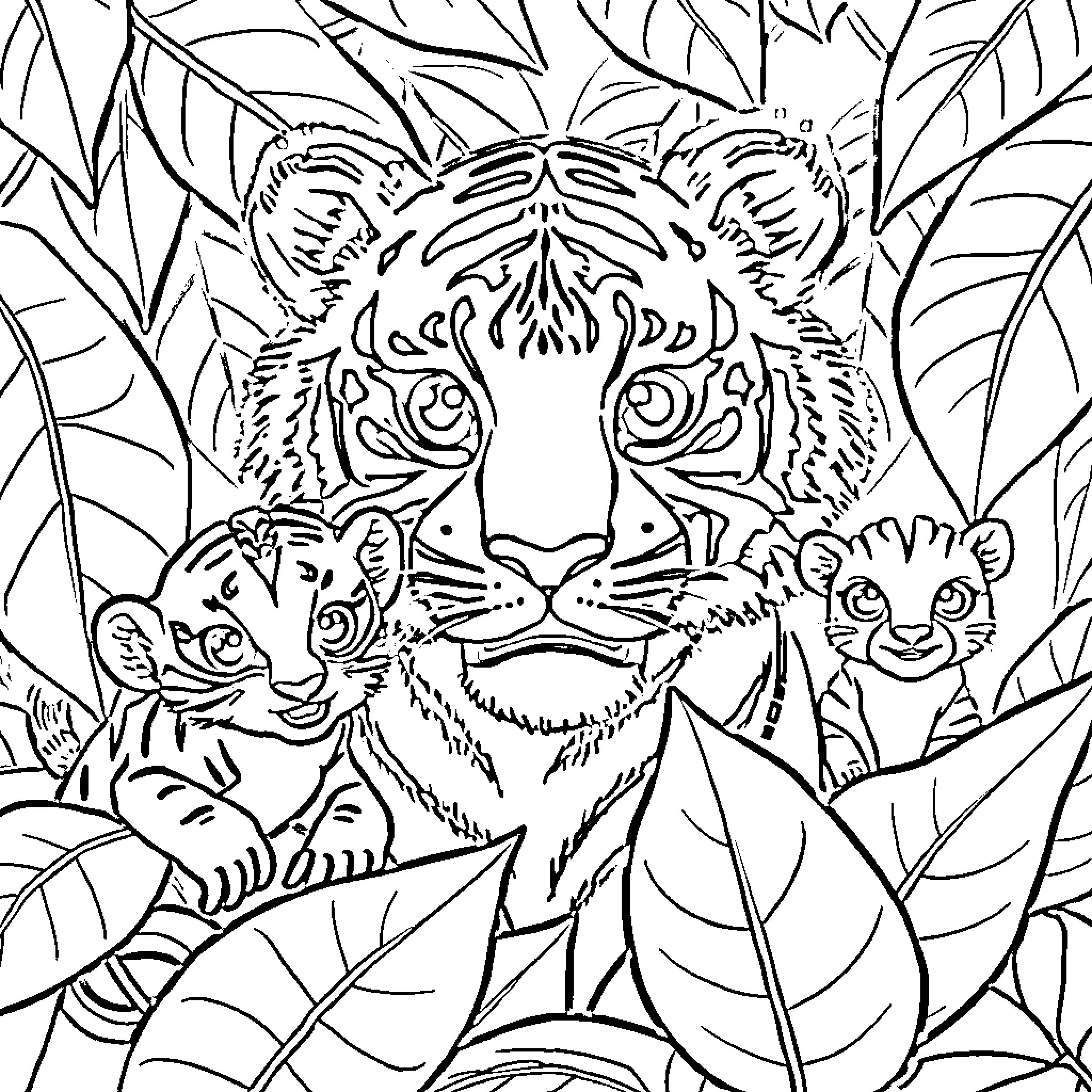 Jungle Animal Family Enjoying Nature Coloring Page (free black-and-white line drawing printable PDF for all, from beginners to advanced learners, including children, teens, adults, and seniors)