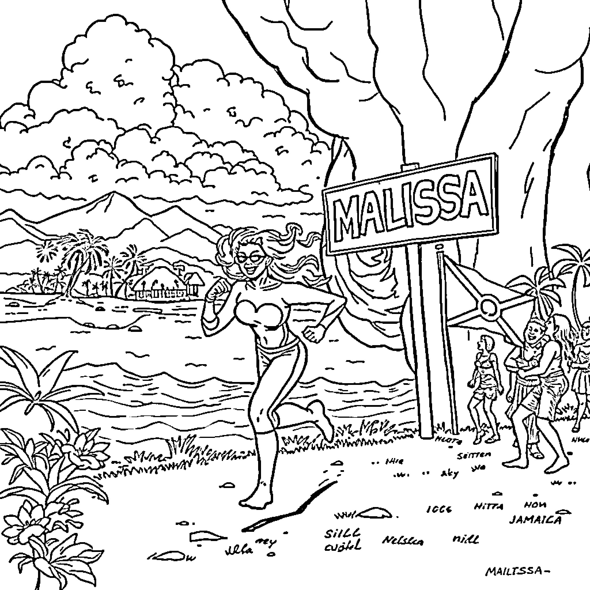 Woman posing at the beach in tropical scenery Coloring Page (free black-and-white line drawing printable PDF for all, from beginners to advanced learners, including children, teens, adults, and seniors)
