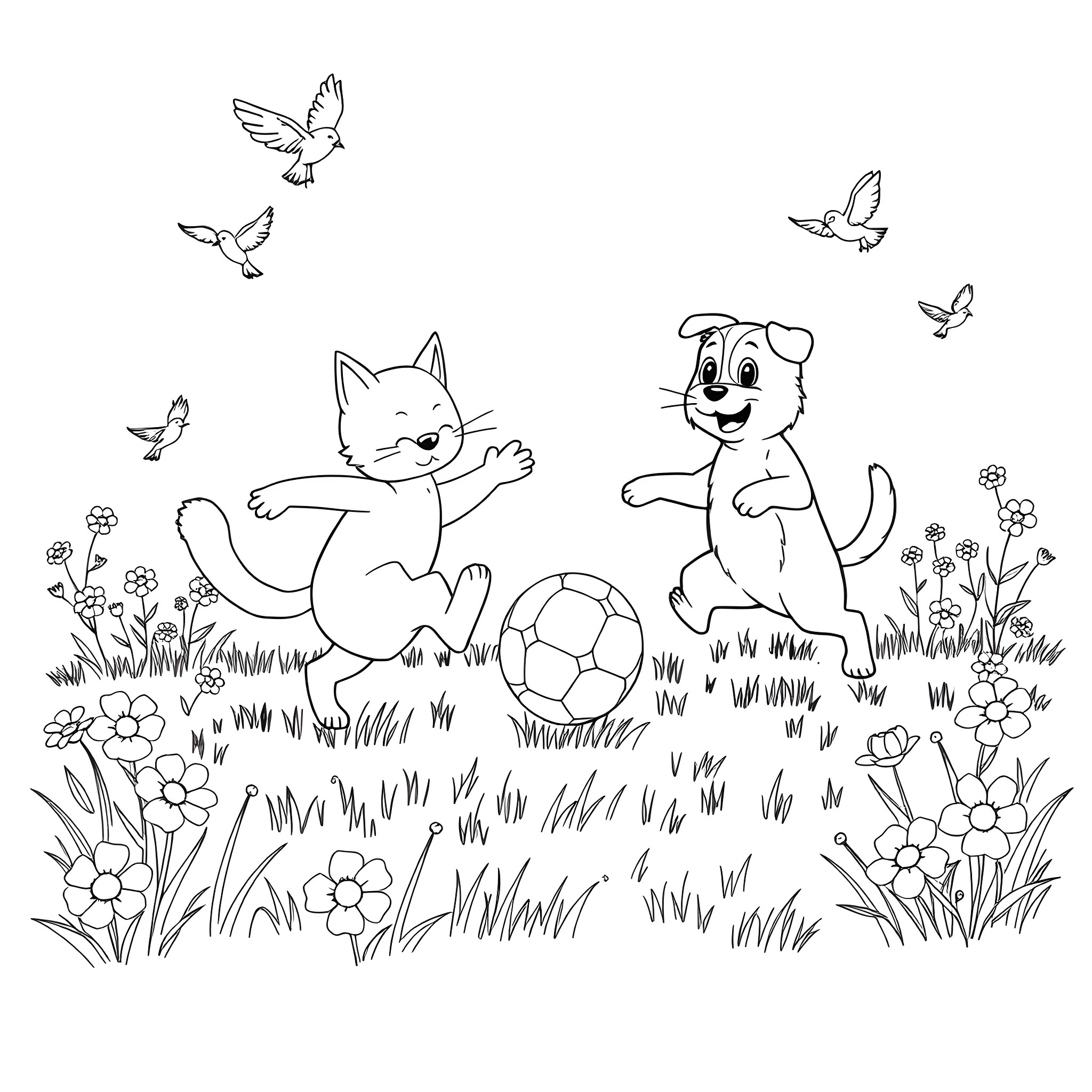 Cat and Dog Playing with Ball in Flower Field Coloring Page (free black-and-white line drawing printable PDF for all, from beginners to advanced learners, including children, teens, adults, and seniors)