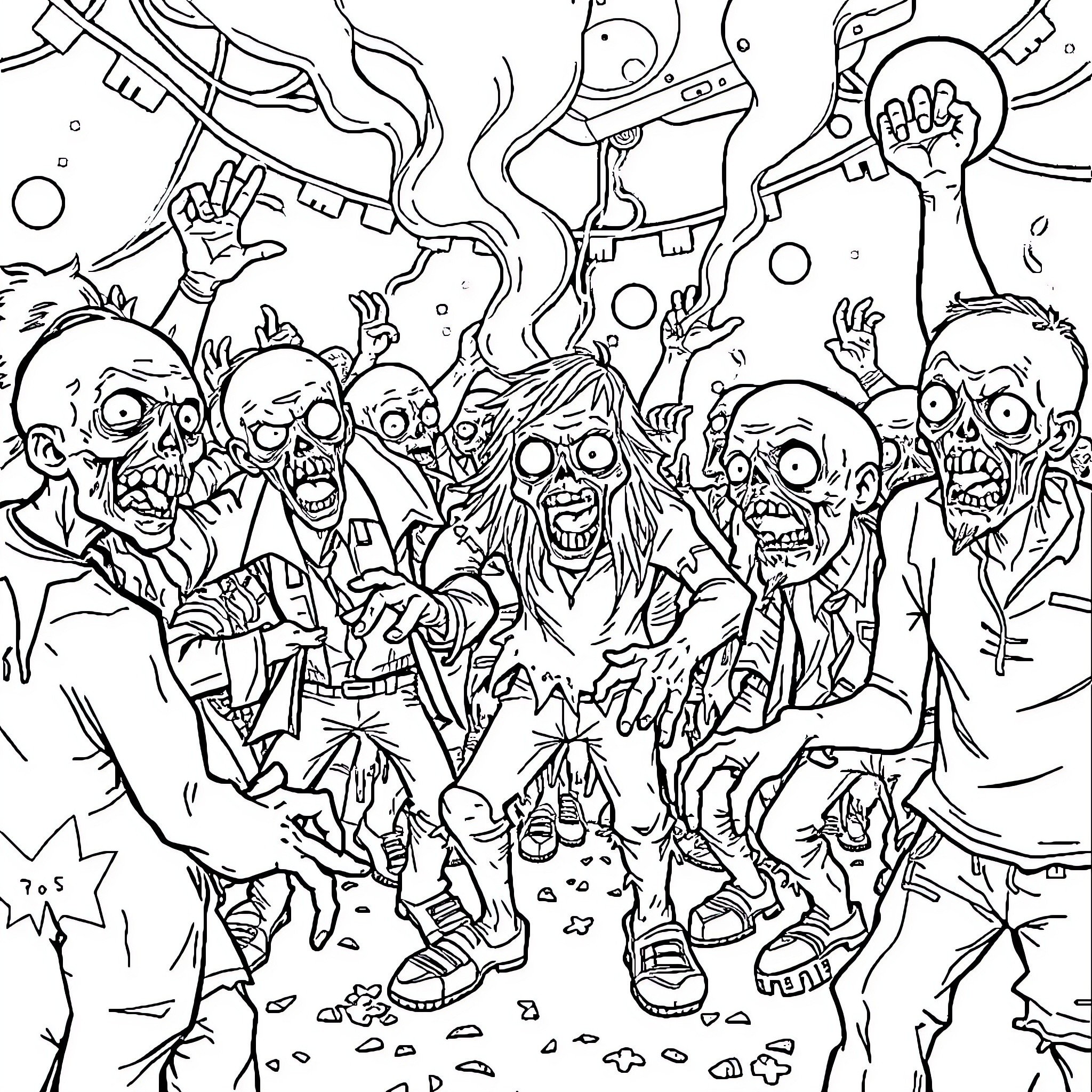 Zombie Horde Terrorizing the City Coloring Page (free black-and-white line drawing printable PDF for all, from beginners to advanced learners, including children, teens, adults, and seniors)