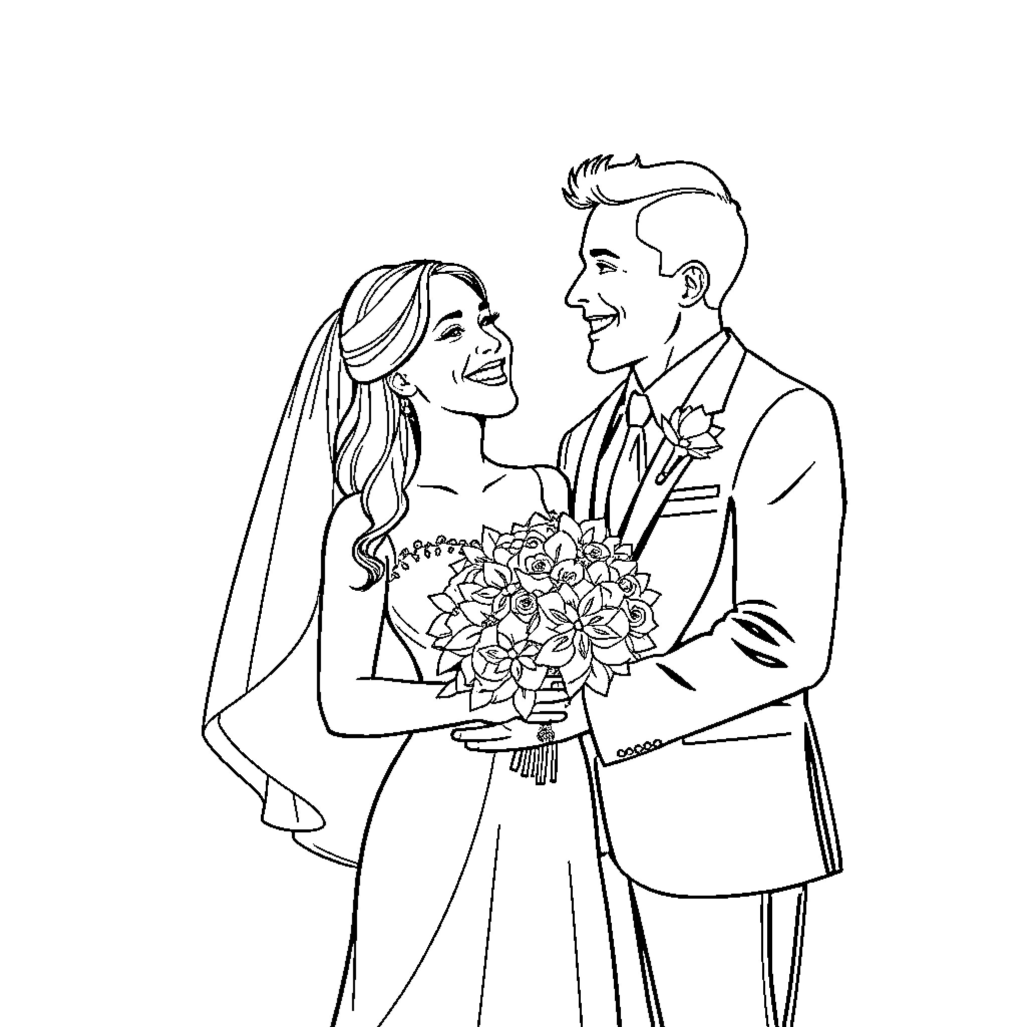 Bride and Groom Celebrate Joyful Union Coloring Page (free black-and-white line drawing printable PDF for all, from beginners to advanced learners, including children, teens, adults, and seniors)