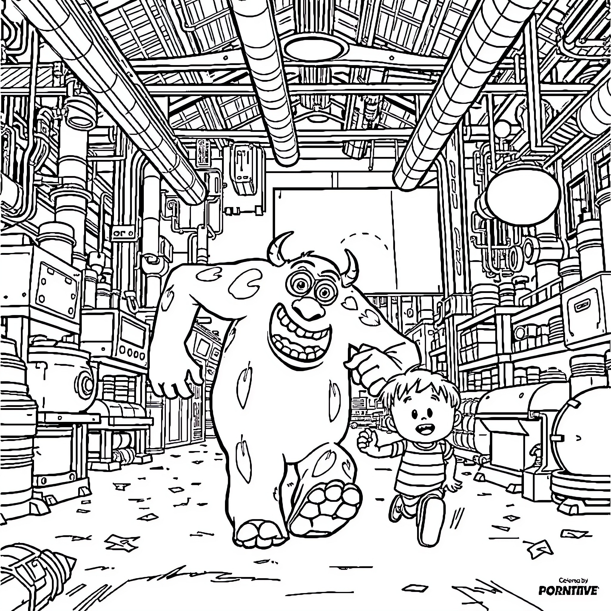 Sully and Boo explore the Monstropolis factory Coloring Page (free black-and-white line drawing printable PDF for all, from beginners to advanced learners, including children, teens, adults, and seniors)