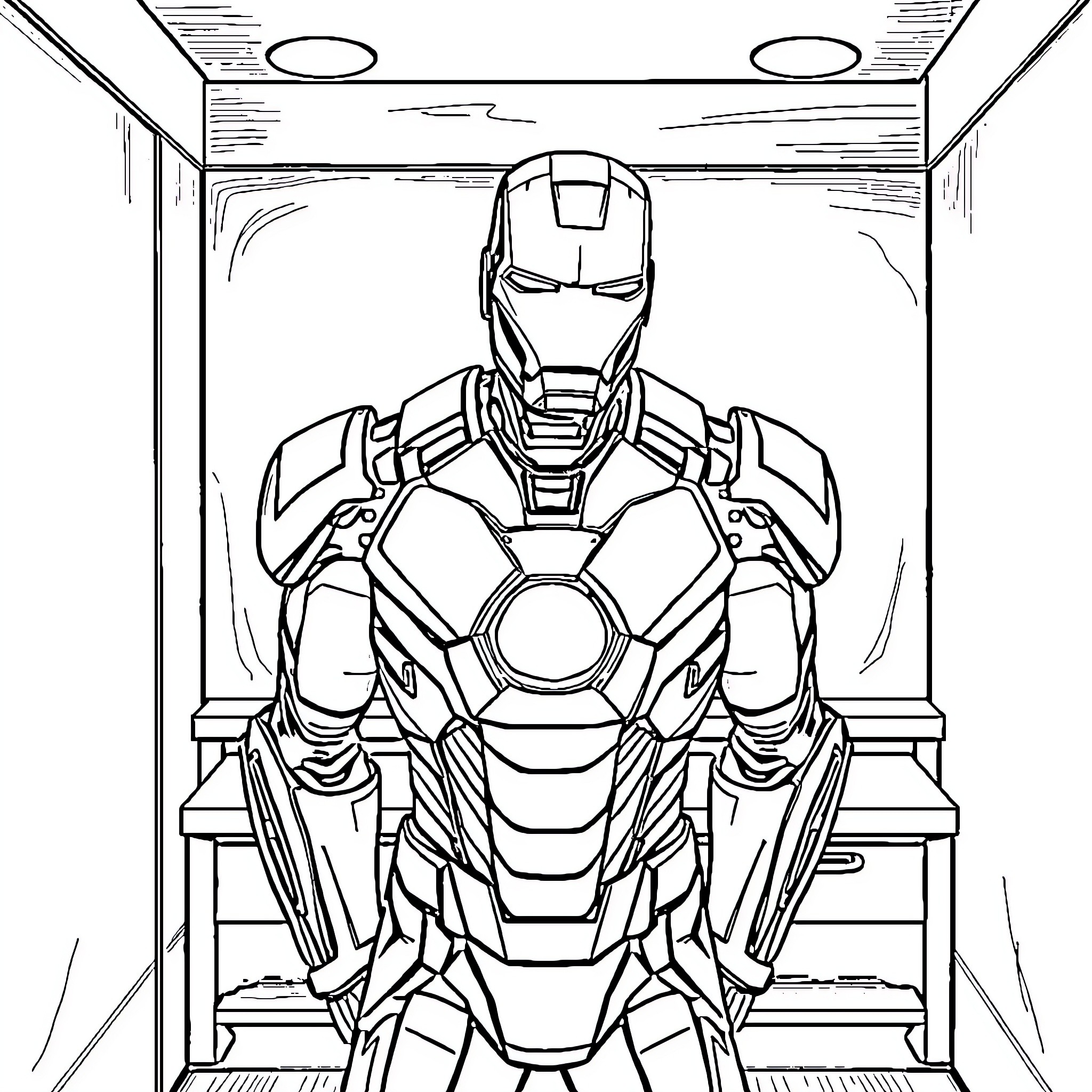 Ironman suit up in futuristic workshop Coloring Page (free black-and-white line drawing printable PDF for all, from beginners to advanced learners, including children, teens, adults, and seniors)