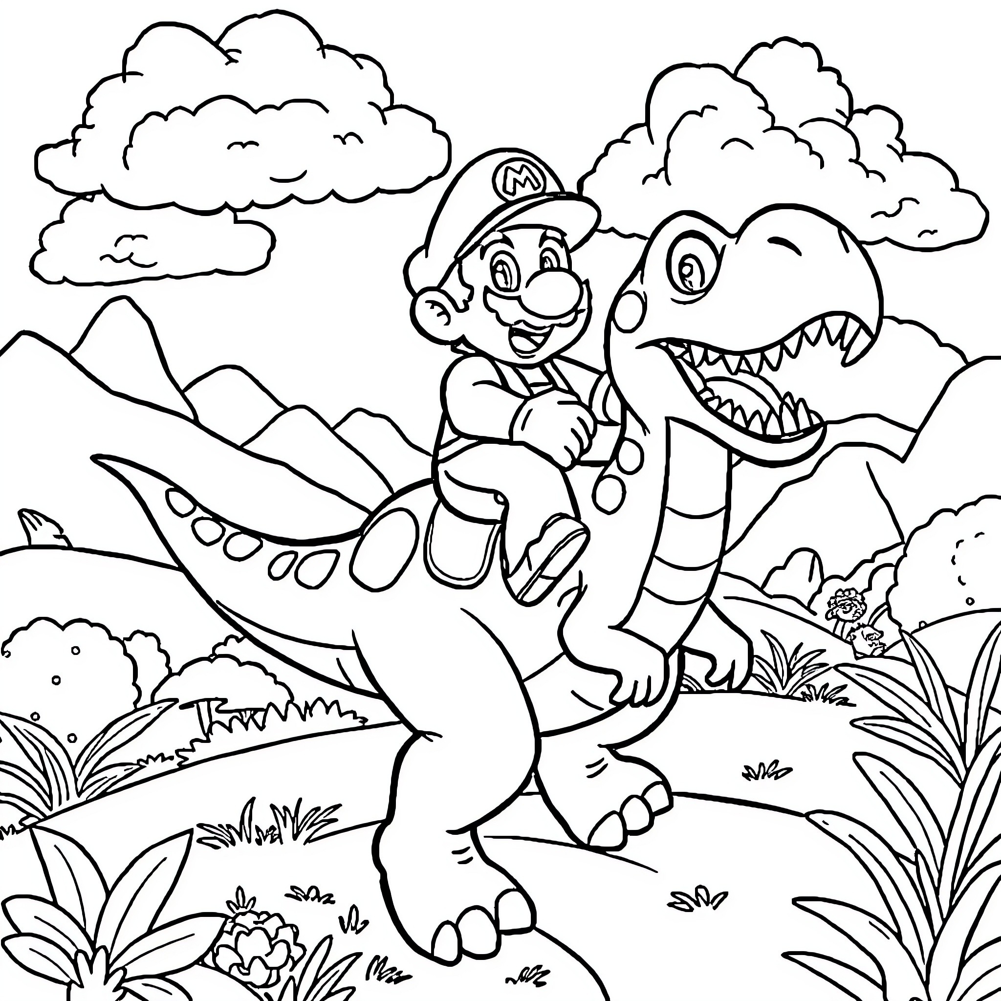 Mario exploring the prehistoric landscape with a dinosaur Coloring Page (free black-and-white line drawing printable PDF for all, from beginners to advanced learners, including children, teens, adults, and seniors)