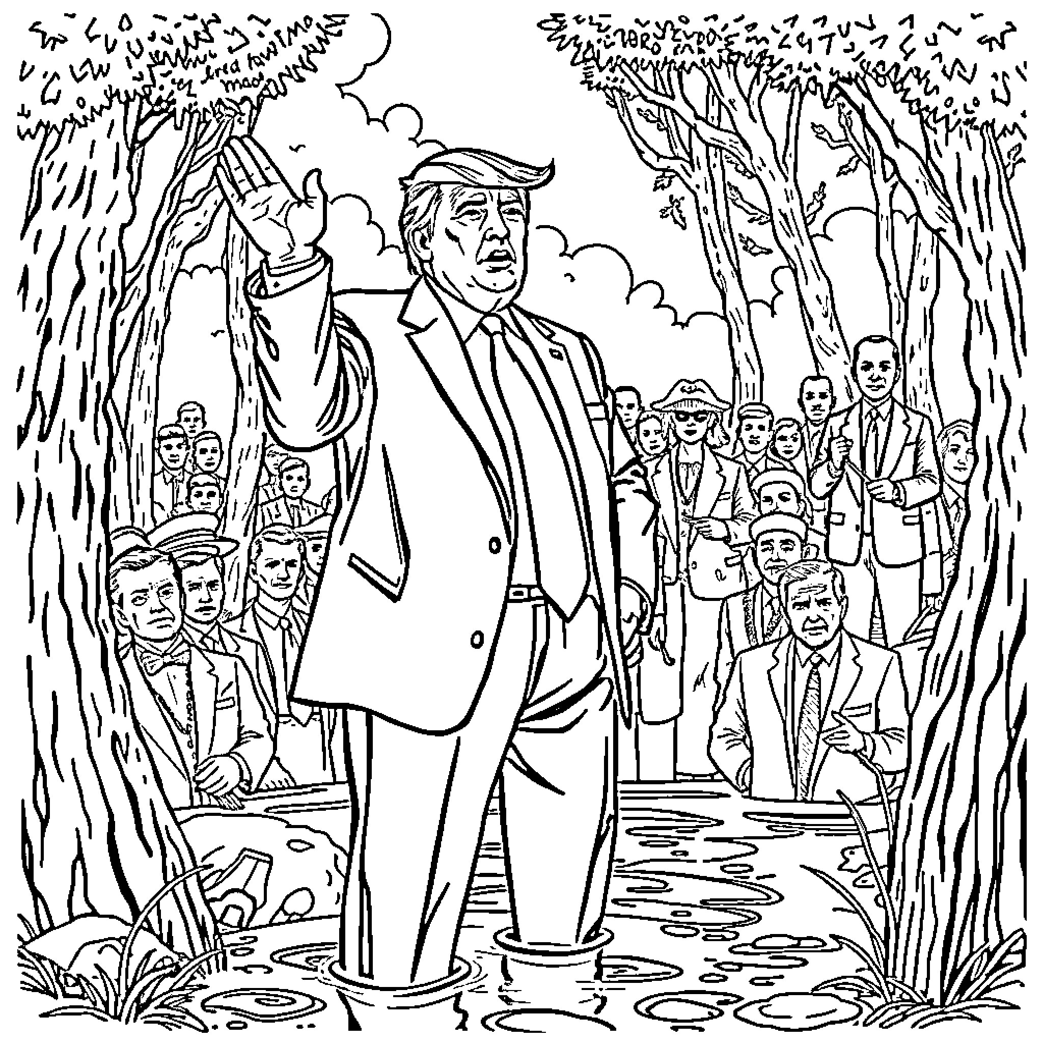 Trump surrounded by supporters in the woods Coloring Page (free black-and-white line drawing printable PDF for all, from beginners to advanced learners, including children, teens, adults, and seniors)