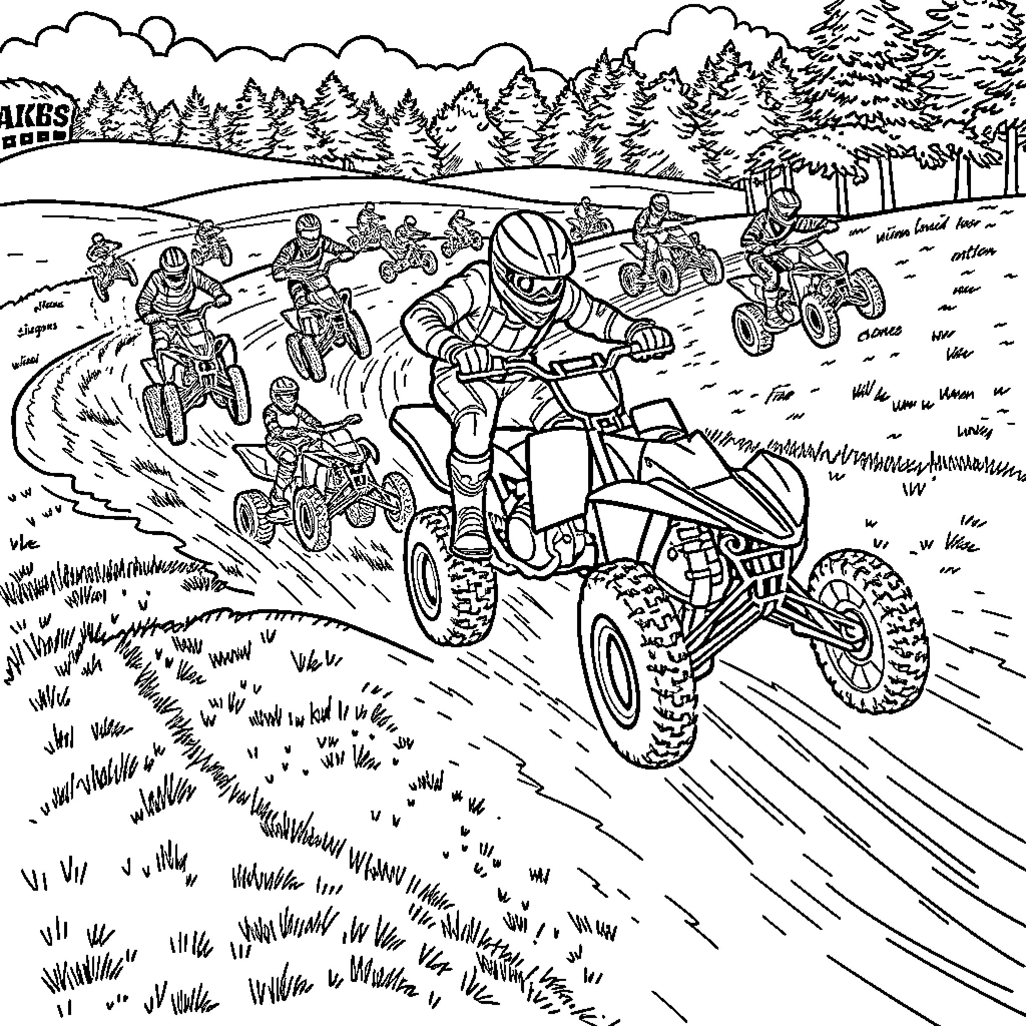 Quad Riders Enjoying an Off-Road Adventure Coloring Page (free black-and-white line drawing printable PDF for all, from beginners to advanced learners, including children, teens, adults, and seniors)
