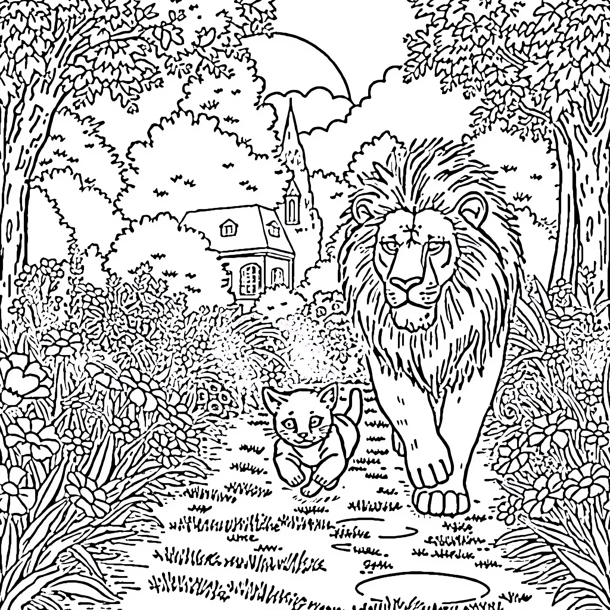 Cat in the Enchanted Forest Coloring Page (free black-and-white line drawing printable PDF for all, from beginners to advanced learners, including children, teens, adults, and seniors)