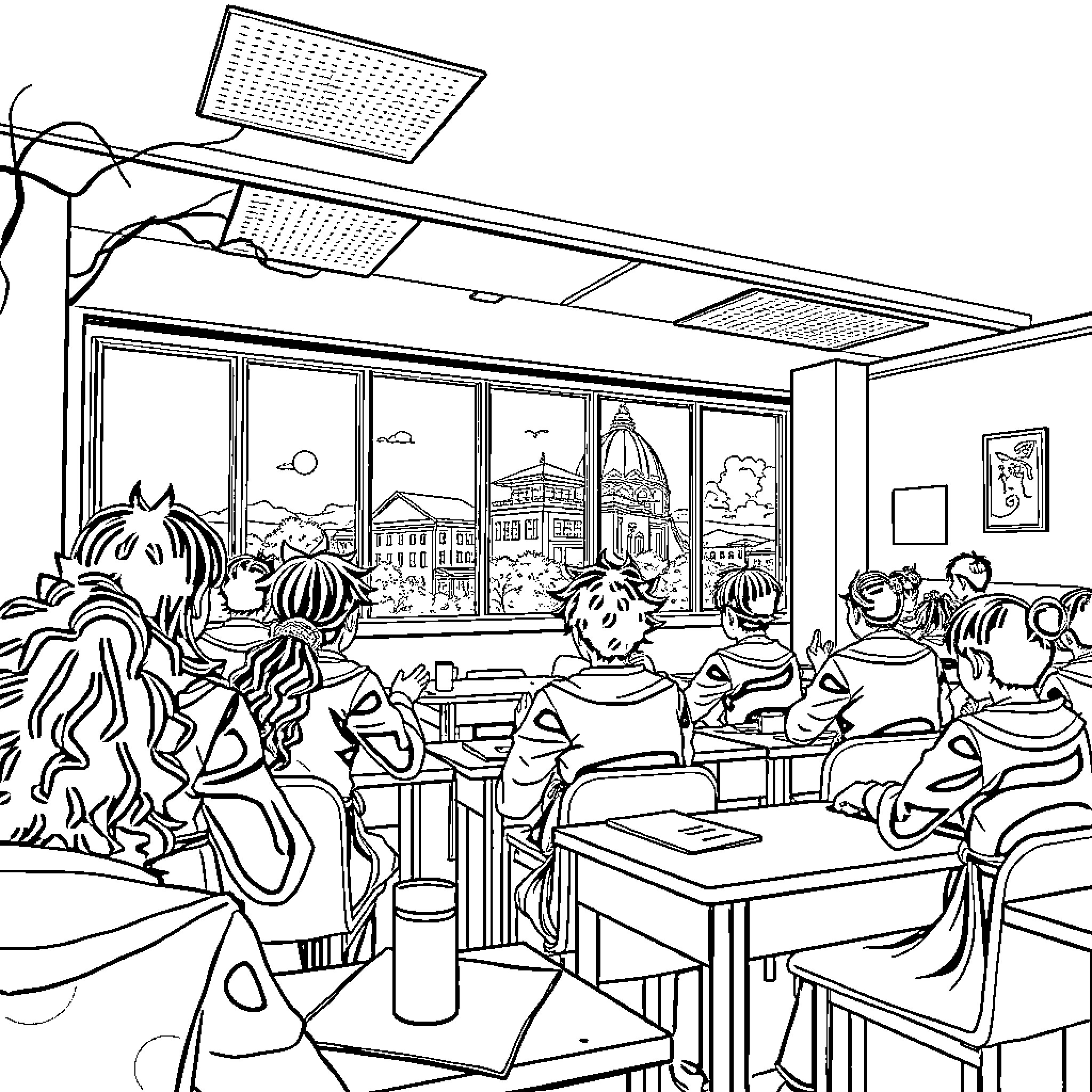 Tanjiro's Classroom: Students Studying Diligently Coloring Page (free black-and-white line drawing printable PDF for all, from beginners to advanced learners, including children, teens, adults, and seniors)