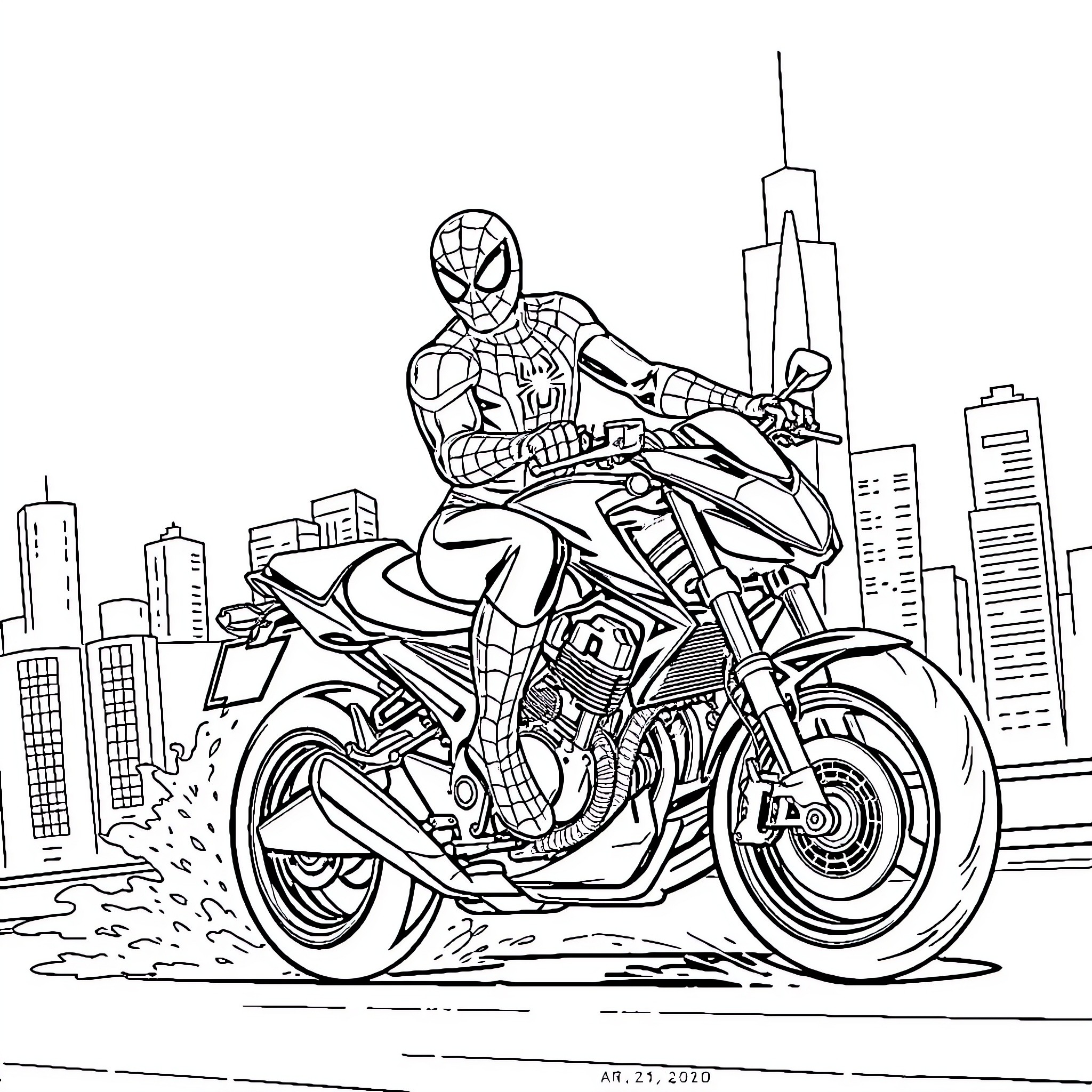 Spiderman riding a motorcycle through the city Coloring Page (free black-and-white line drawing printable PDF for all, from beginners to advanced learners, including children, teens, adults, and seniors)
