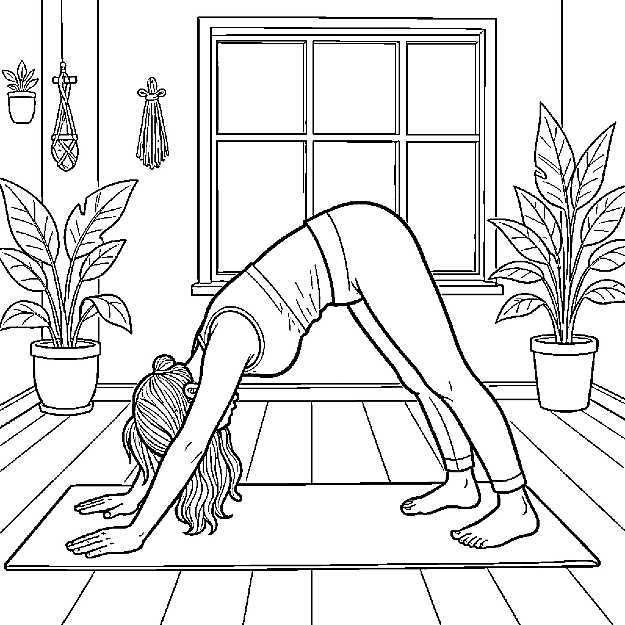 Adho Mukha Svanasana: Person practicing yoga at home Coloring Page (free black-and-white line drawing printable PDF for all, from beginners to advanced learners, including children, teens, adults, and seniors)