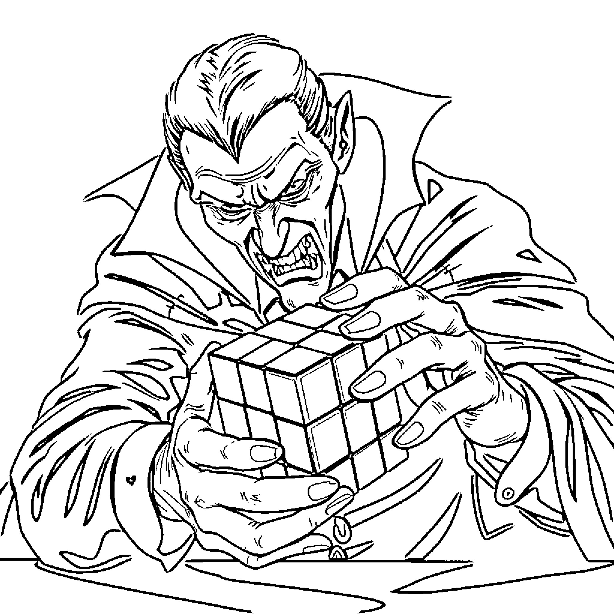 Dracula solving an intricate puzzle Coloring Page (free black-and-white line drawing printable PDF for all, from beginners to advanced learners, including children, teens, adults, and seniors)