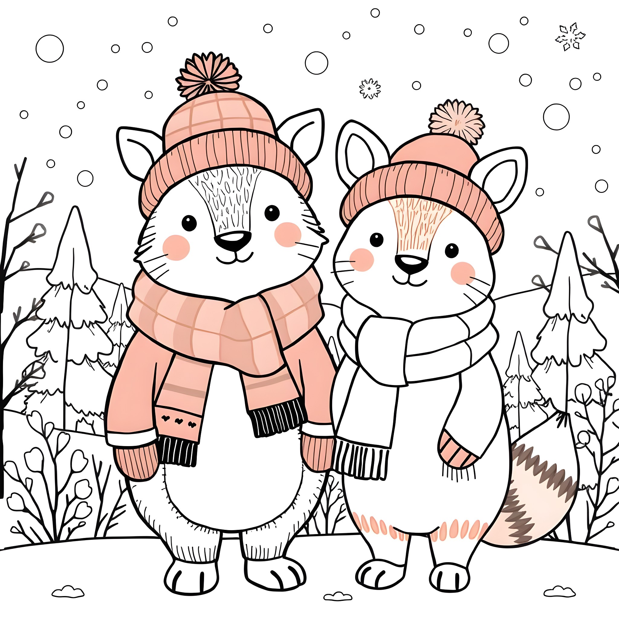 Animal friends playing in the winter wonderland Coloring Page (free black-and-white line drawing printable PDF for all, from beginners to advanced learners, including children, teens, adults, and seniors)