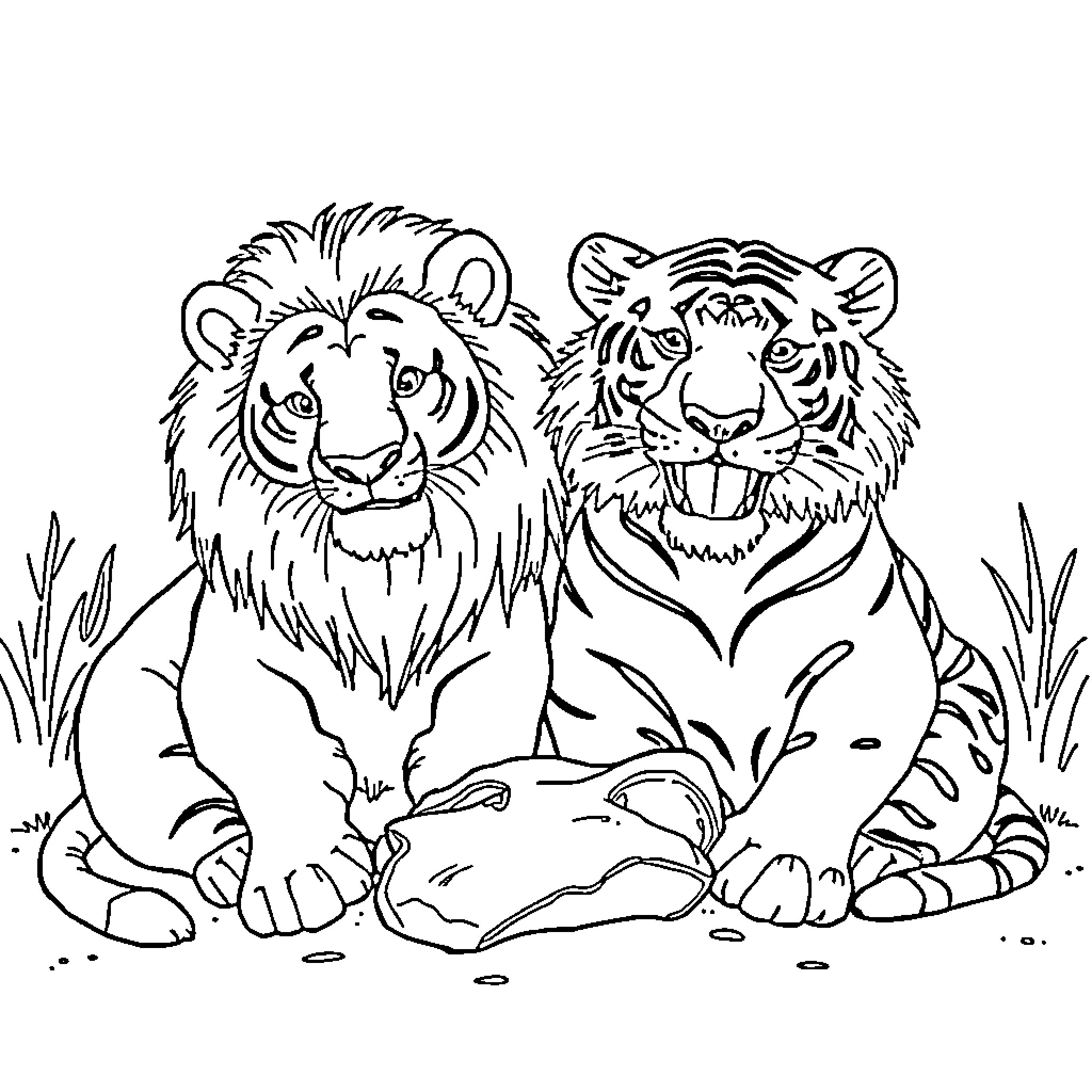Lion and Tiger Resting in the Wilderness Coloring Page (free black-and-white line drawing printable PDF for all, from beginners to advanced learners, including children, teens, adults, and seniors)