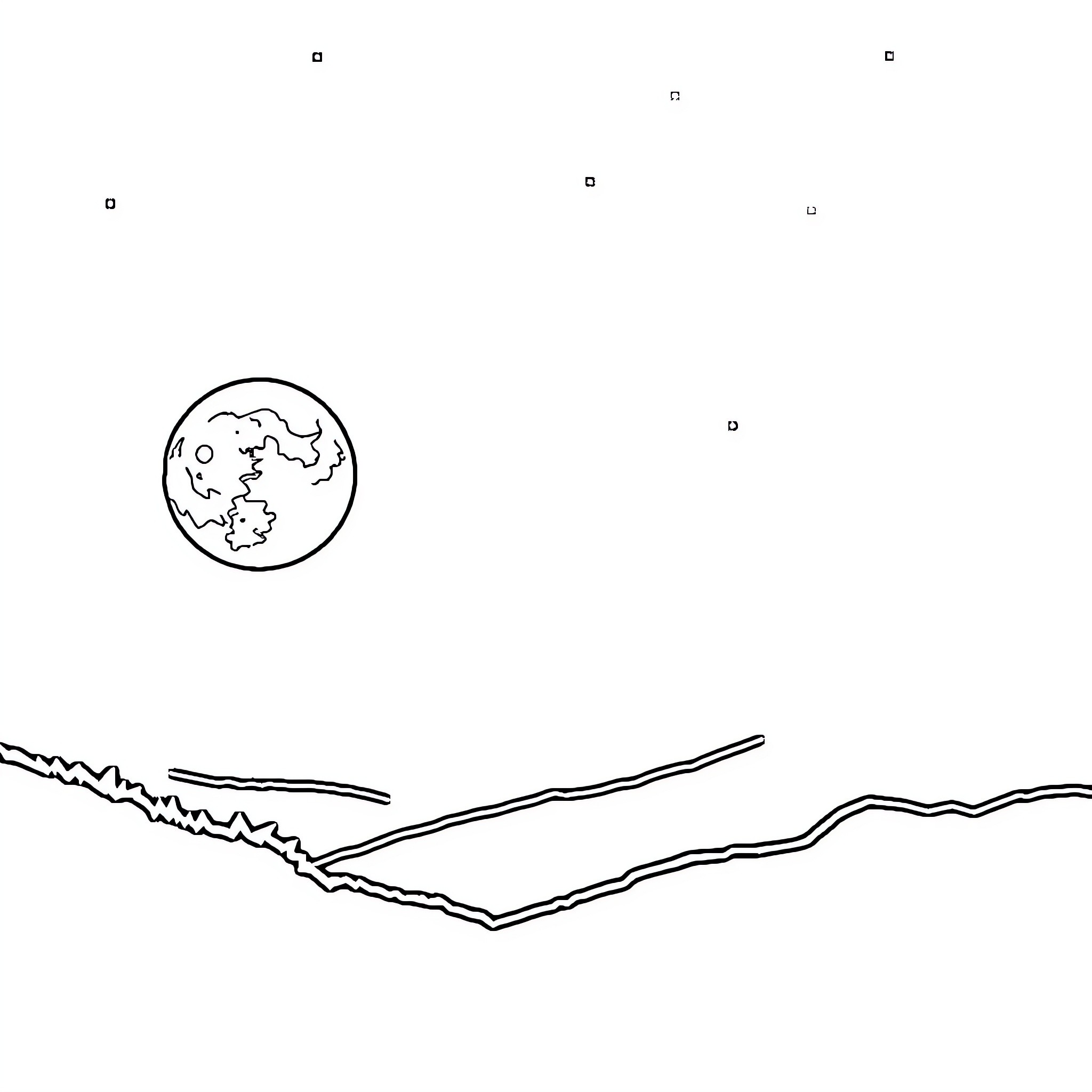 Moon shining over rugged mountain landscape Coloring Page (free black-and-white line drawing printable PDF for all, from beginners to advanced learners, including children, teens, adults, and seniors)