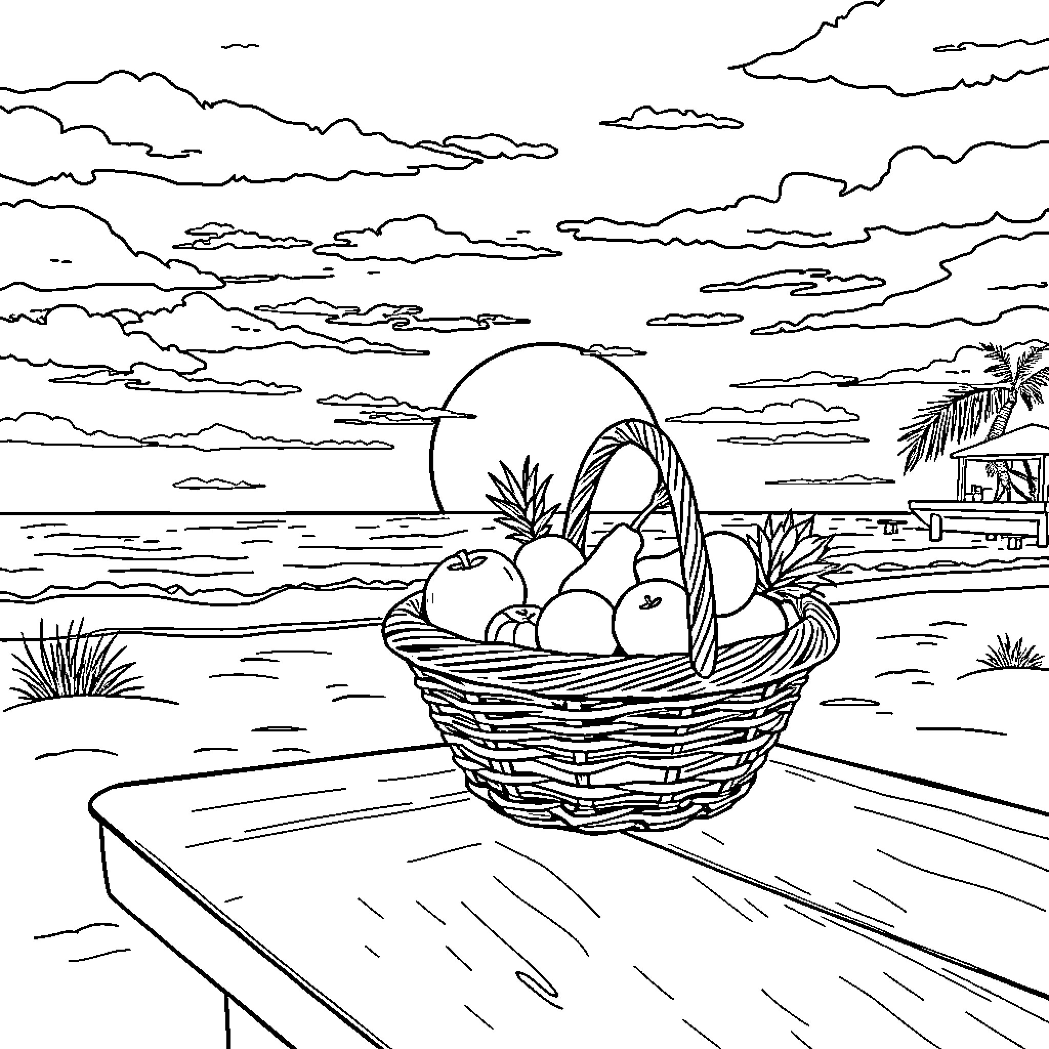 Fruit Basket on Beach Dock Coloring Page (free black-and-white line drawing printable PDF for all, from beginners to advanced learners, including children, teens, adults, and seniors)