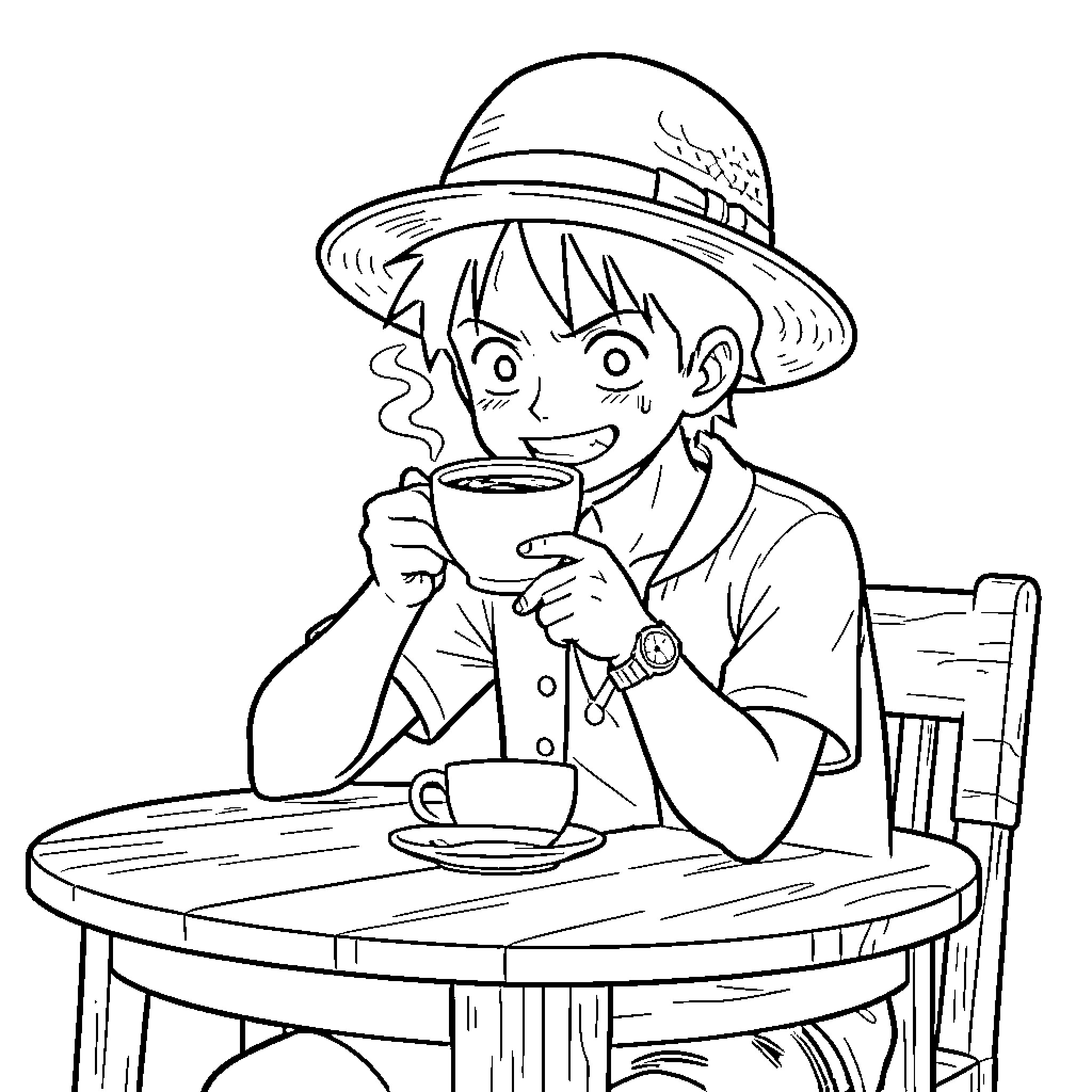 Luffy smiling while enjoying a hot cup of coffee Coloring Page (free black-and-white line drawing printable PDF for all, from beginners to advanced learners, including children, teens, adults, and seniors)