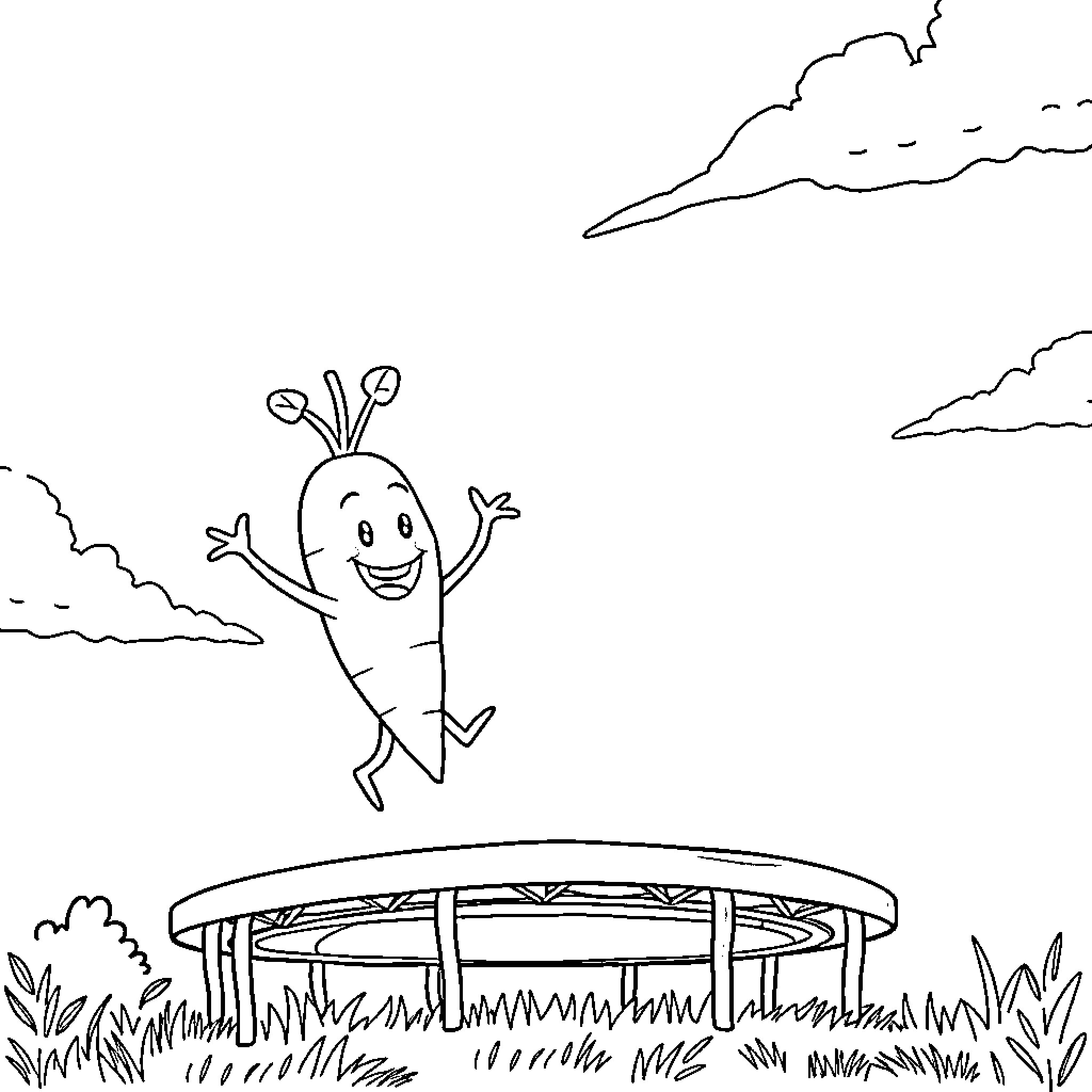 Carrot character jumping happily on trampoline Coloring Page (free black-and-white line drawing printable PDF for all, from beginners to advanced learners, including children, teens, adults, and seniors)