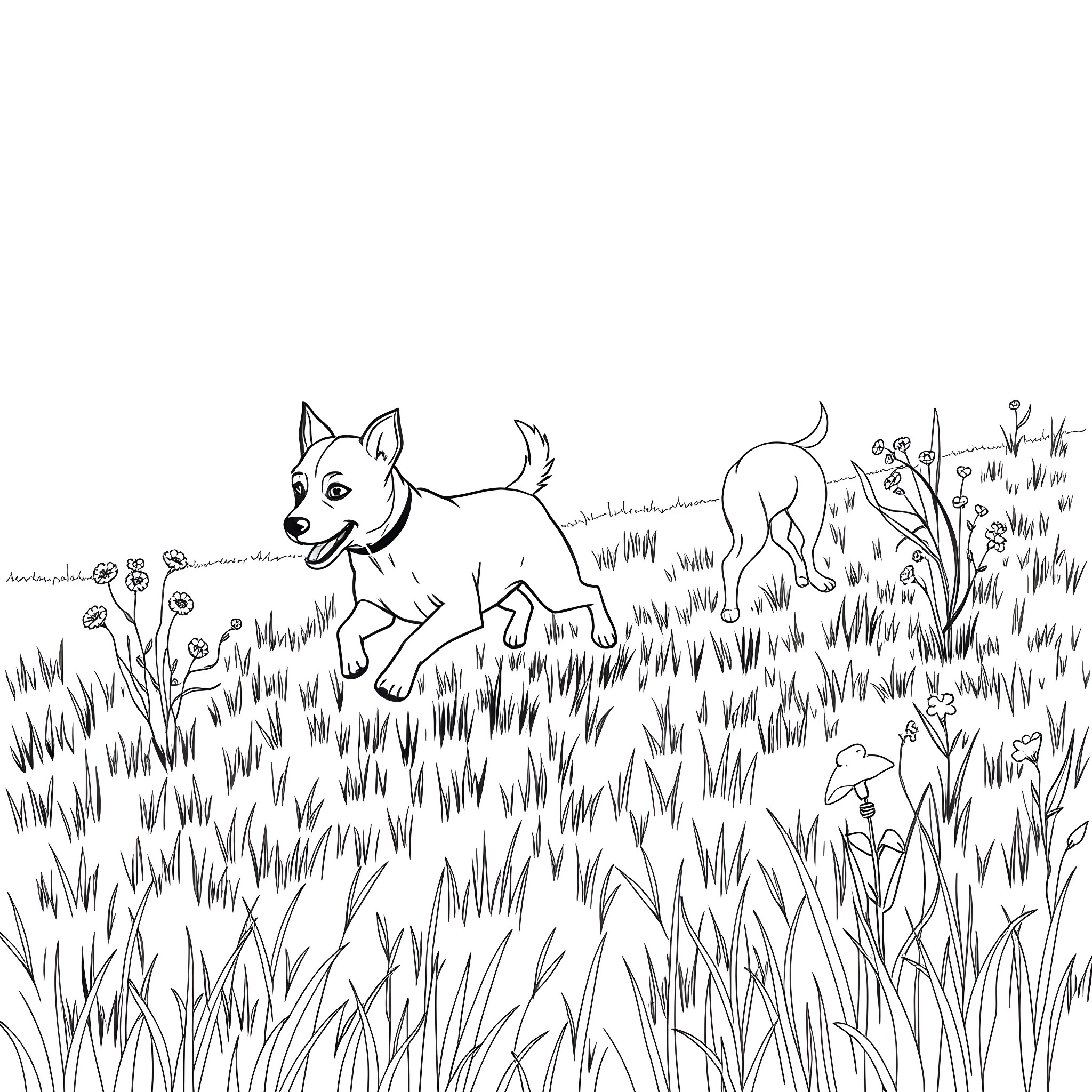 Terrier exploring the lush grassland Coloring Page (free black-and-white line drawing printable PDF for all, from beginners to advanced learners, including children, teens, adults, and seniors)