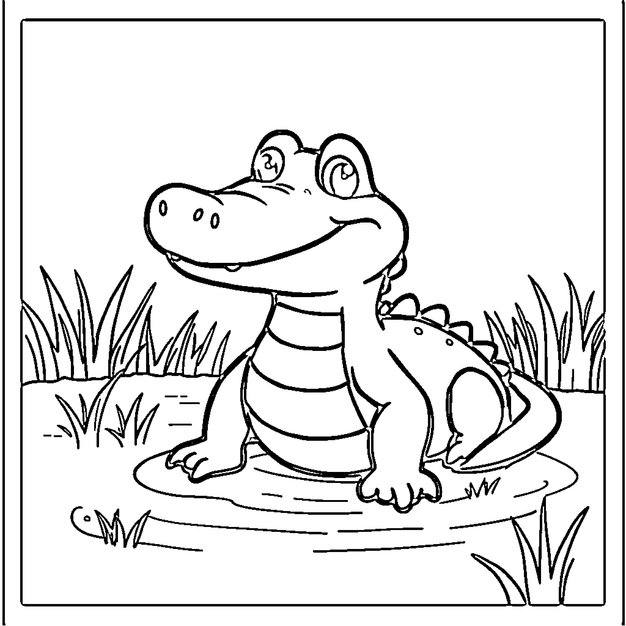 Alligator playing happily in the pond Coloring Page (free black-and-white line drawing printable PDF for all, from beginners to advanced learners, including children, teens, adults, and seniors)