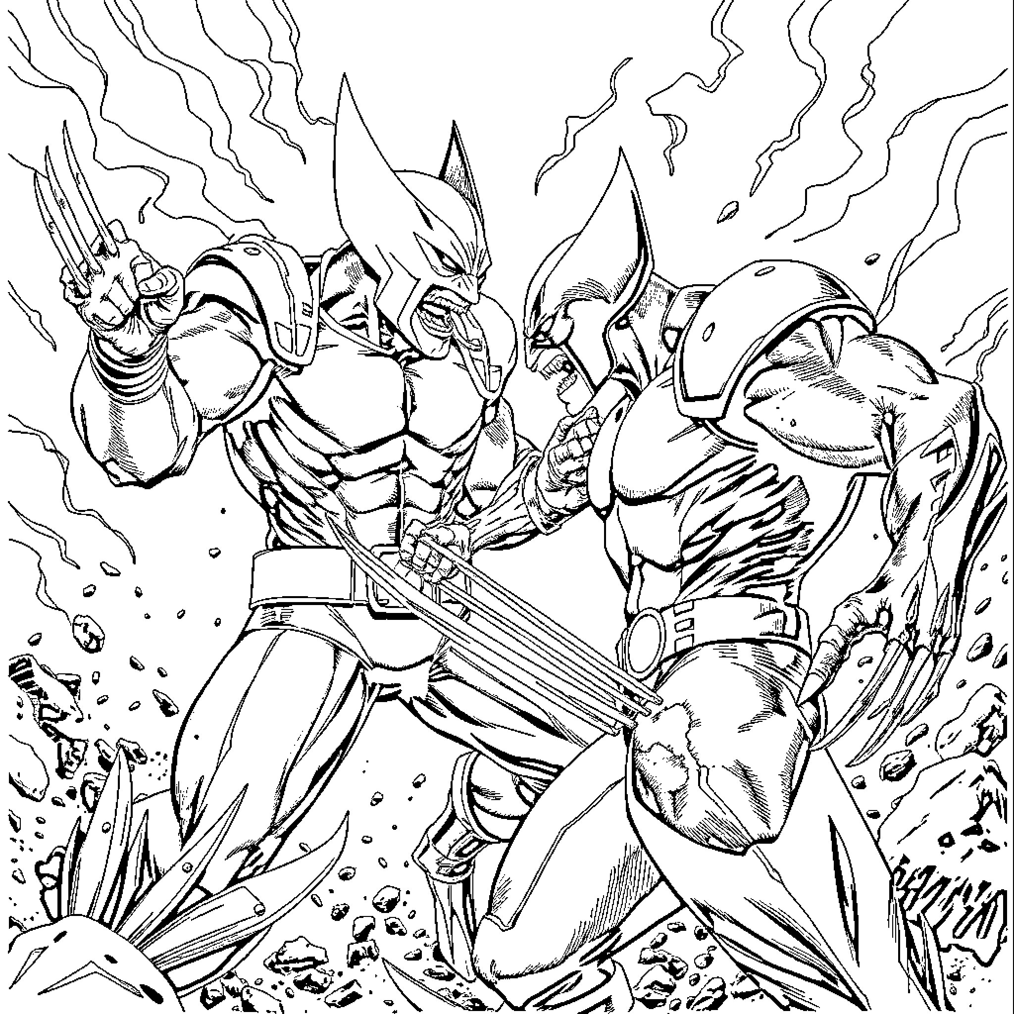 Wolverine battling heroic warriors in intense combat Coloring Page (free black-and-white line drawing printable PDF for all, from beginners to advanced learners, including children, teens, adults, and seniors)
