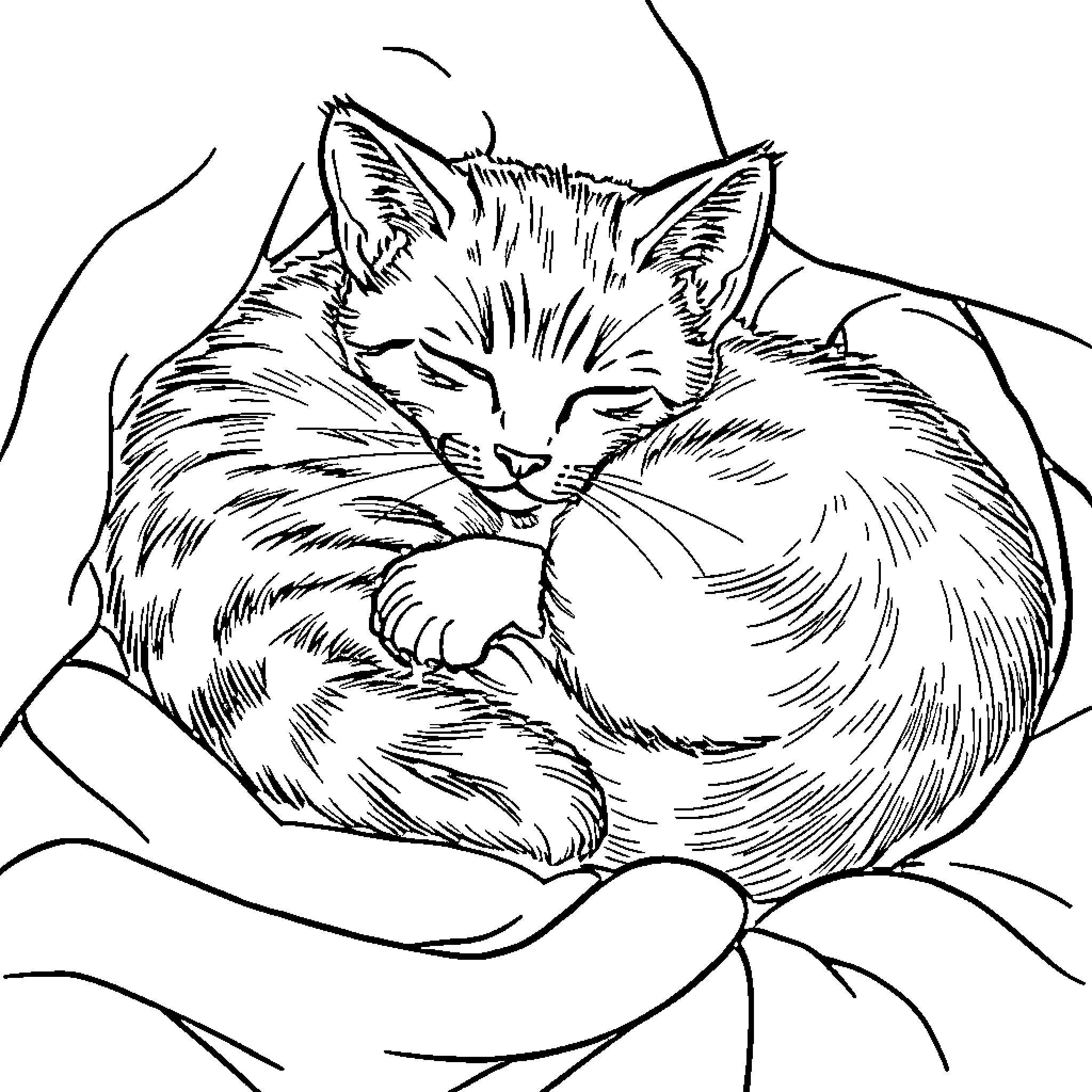 Kitty curled up and sleeping peacefully Coloring Page (free black-and-white line drawing printable PDF for all, from beginners to advanced learners, including children, teens, adults, and seniors)