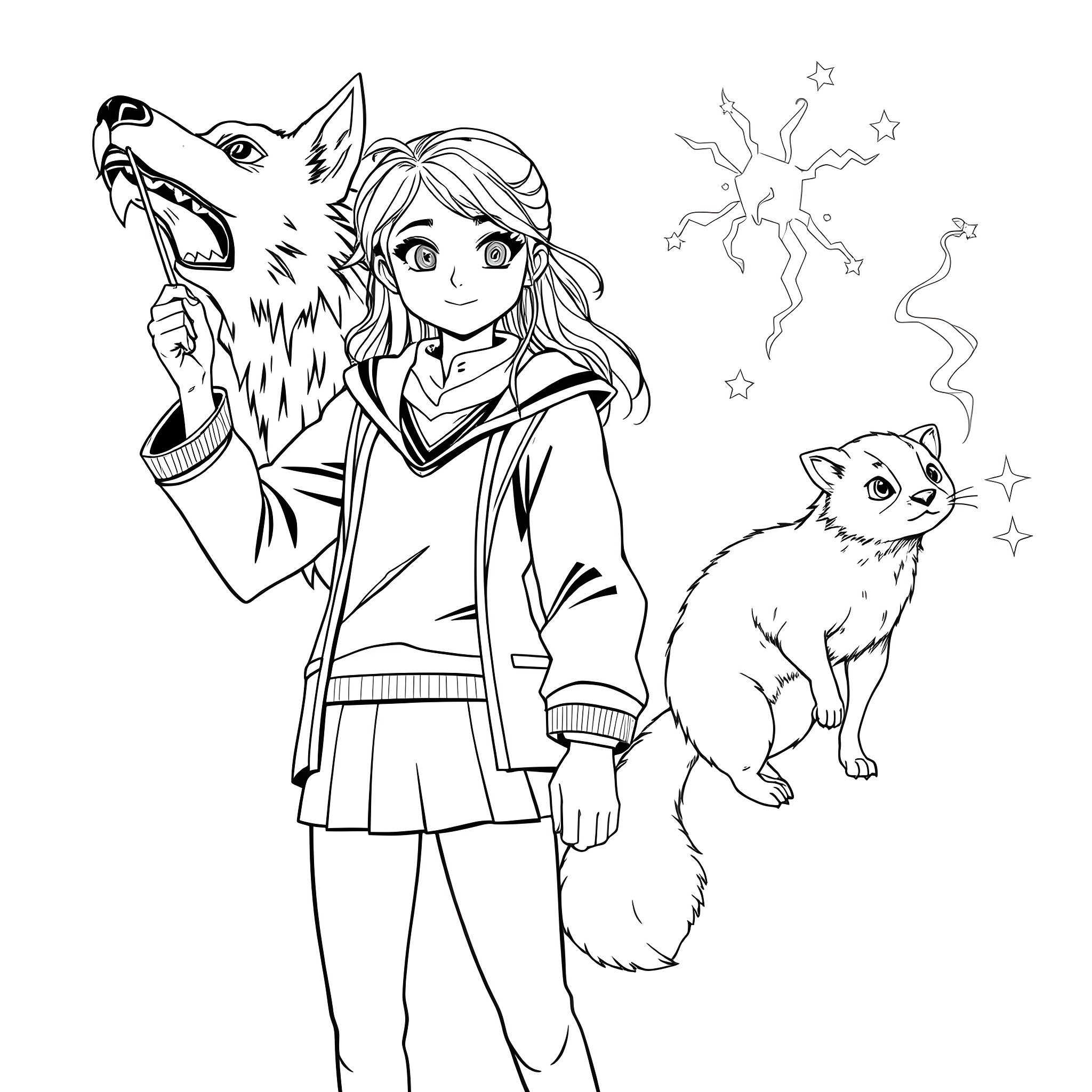 Teen Girl in Magical Attire with Mystical Companion Coloring Page (free black-and-white line drawing printable PDF for all, from beginners to advanced learners, including children, teens, adults, and seniors)