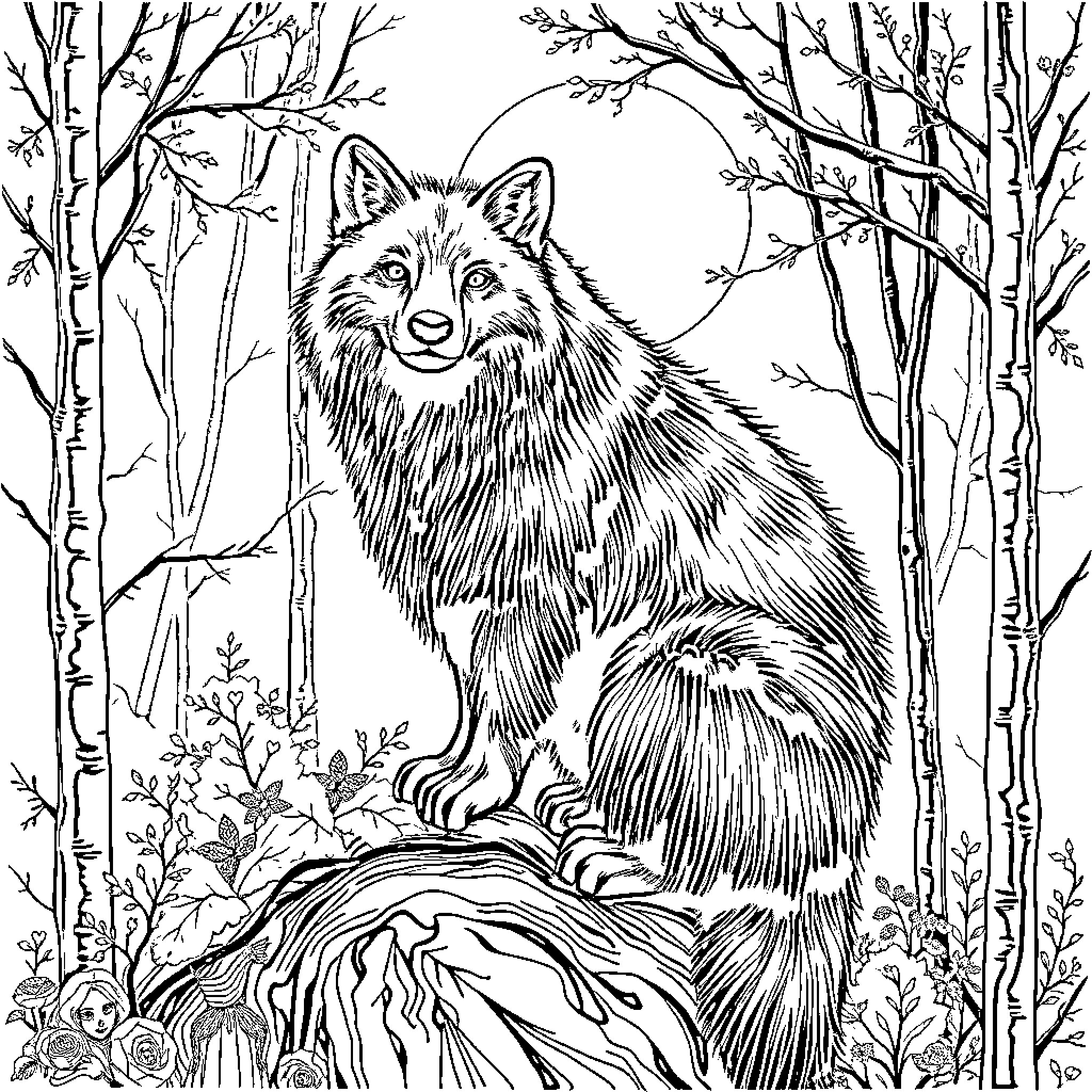 Cat in a Magical Forest Coloring Page (free black-and-white line drawing printable PDF for all, from beginners to advanced learners, including children, teens, adults, and seniors)