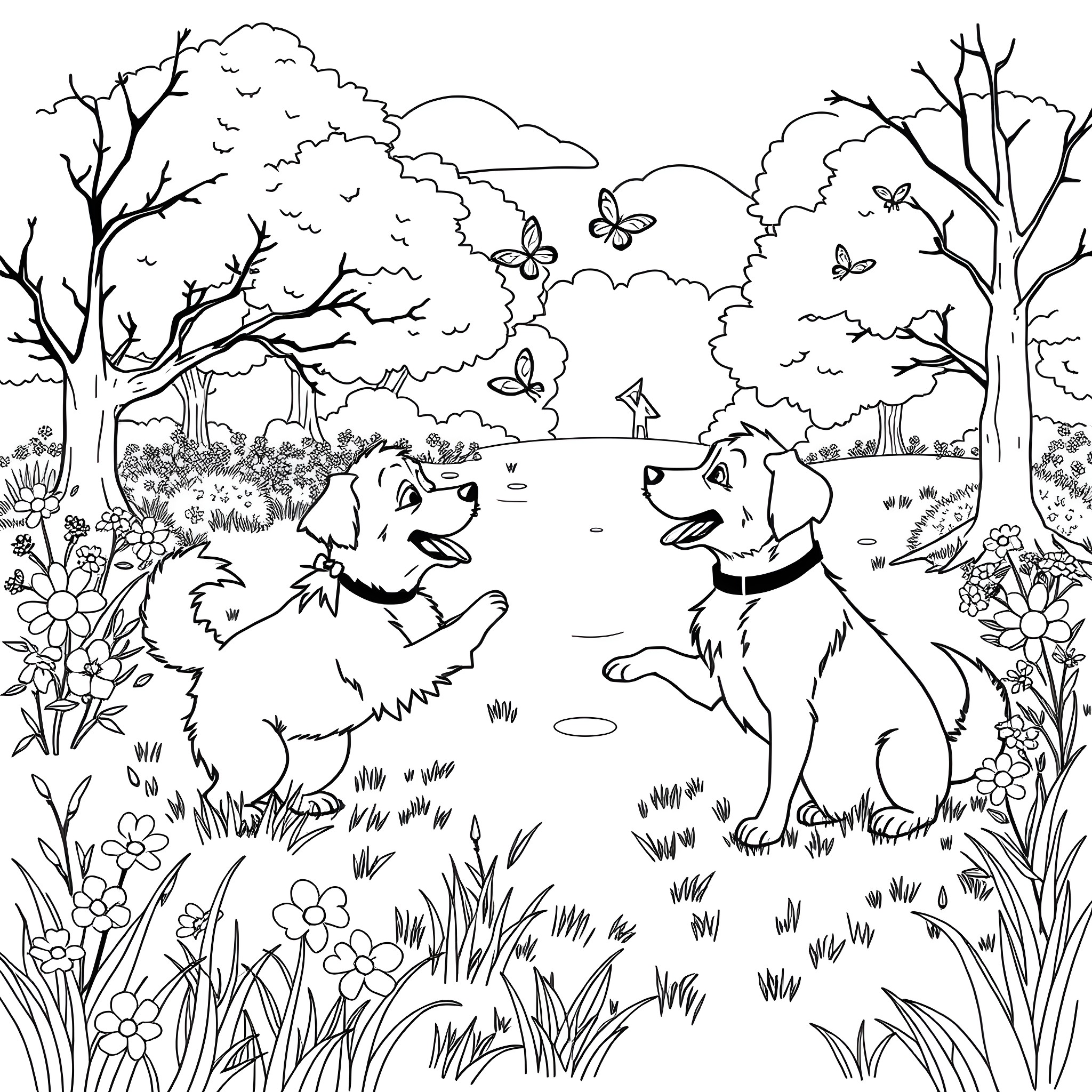 Dogs playing together in a serene forest Coloring Page (free black-and-white line drawing printable PDF for all, from beginners to advanced learners, including children, teens, adults, and seniors)