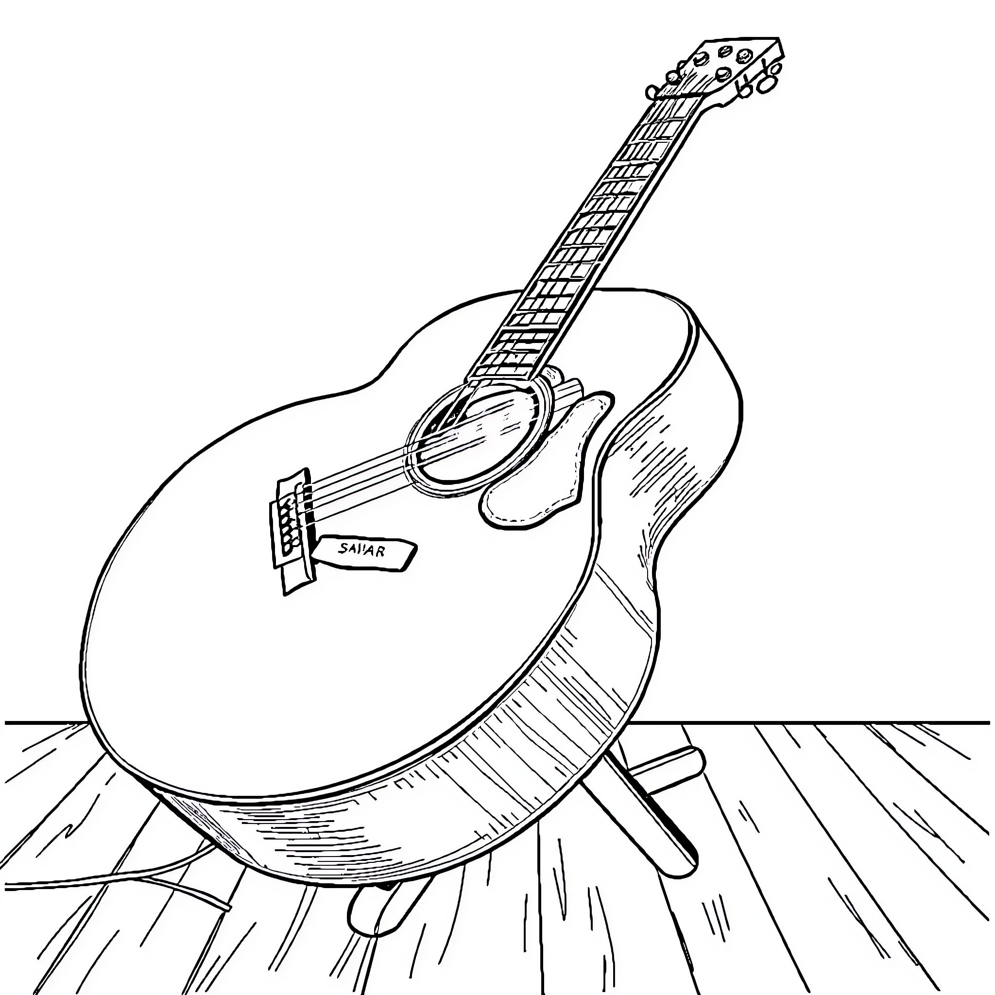 Guitar resting on a wooden floor Coloring Page (free black-and-white line drawing printable PDF for all, from beginners to advanced learners, including children, teens, adults, and seniors)