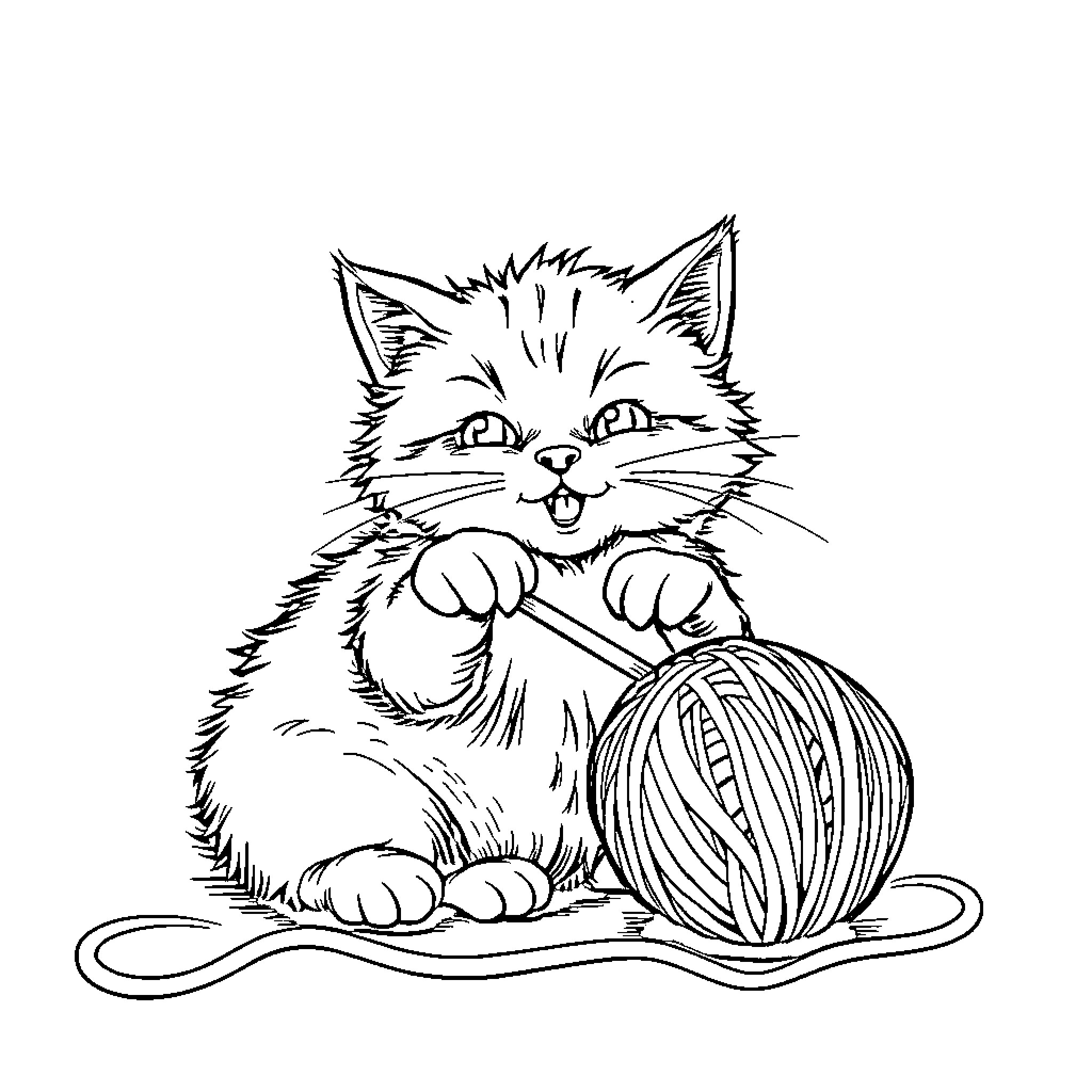 Cat playing with ball of yarn Coloring Page (free black-and-white line drawing printable PDF for all, from beginners to advanced learners, including children, teens, adults, and seniors)