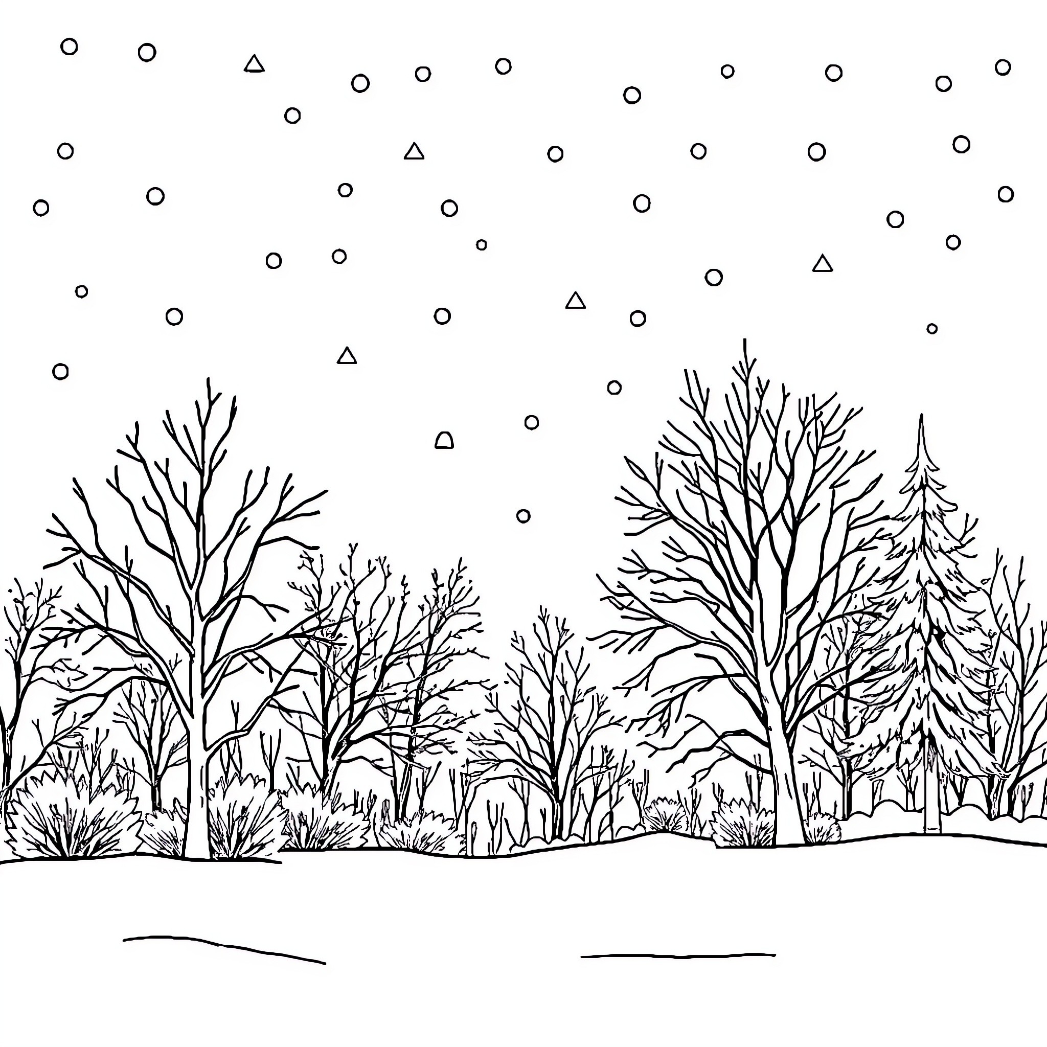 Winter Woodland Scene with Snowy Trees Coloring Page (free black-and-white line drawing printable PDF for all, from beginners to advanced learners, including children, teens, adults, and seniors)