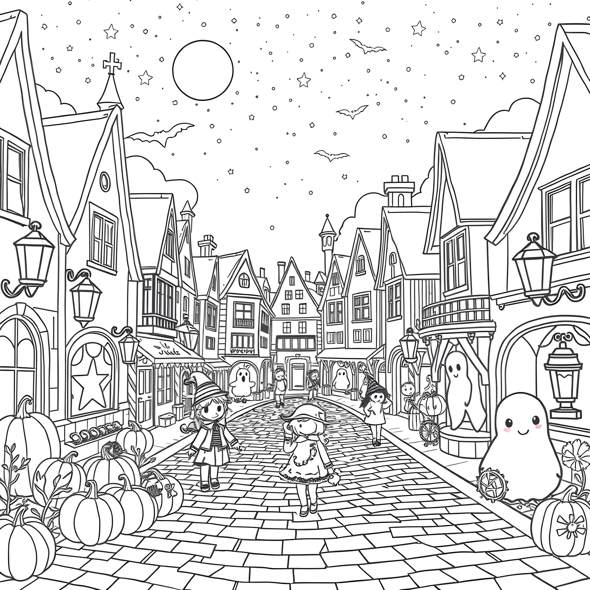 Town filled with Halloween characters and decorations Coloring Page (free black-and-white line drawing printable PDF for all, from beginners to advanced learners, including children, teens, adults, and seniors)