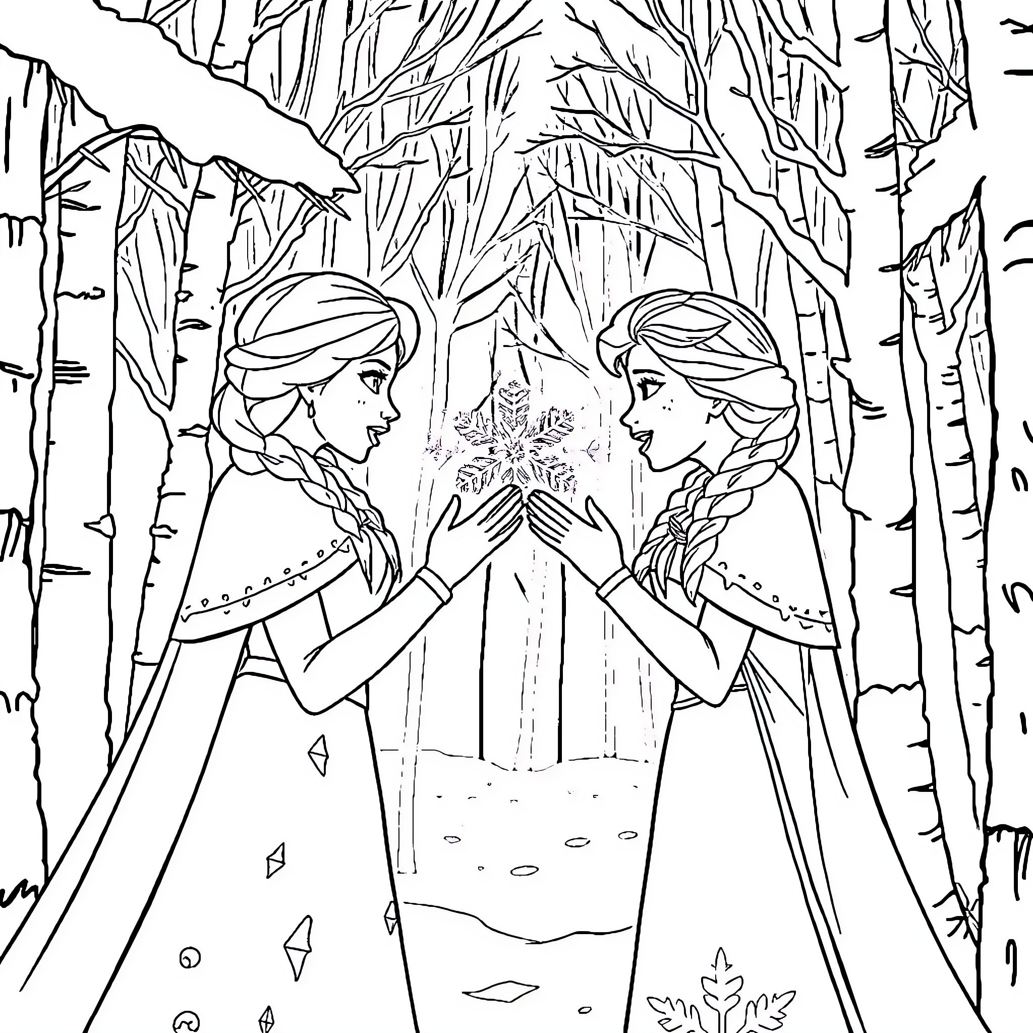 Elsa and Anna in a Magical Winter Wonderland Coloring Page (free black-and-white line drawing printable PDF for all, from beginners to advanced learners, including children, teens, adults, and seniors)