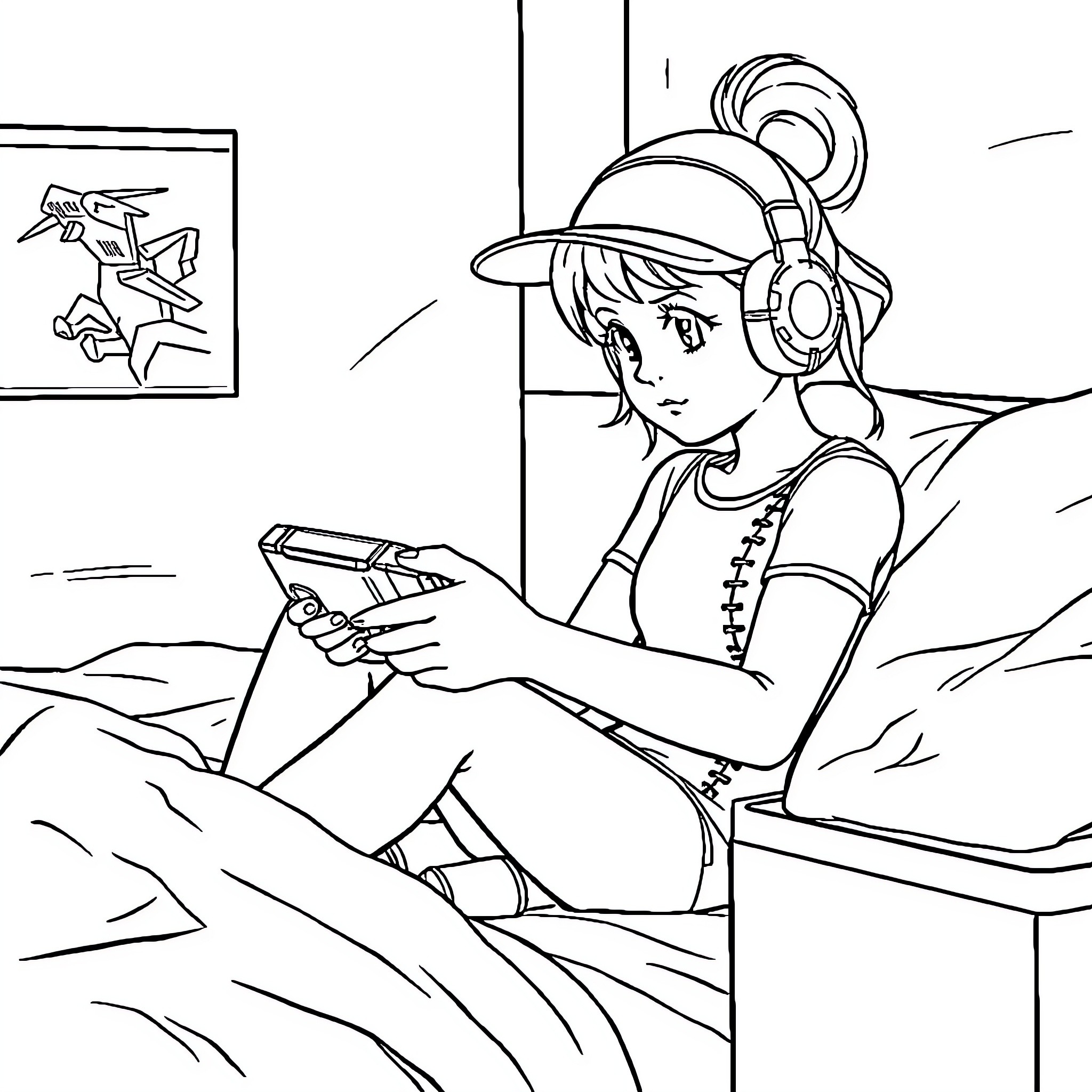 Softball Girl Playing Video Game in Bedroom Coloring Page (free black-and-white line drawing printable PDF for all, from beginners to advanced learners, including children, teens, adults, and seniors)