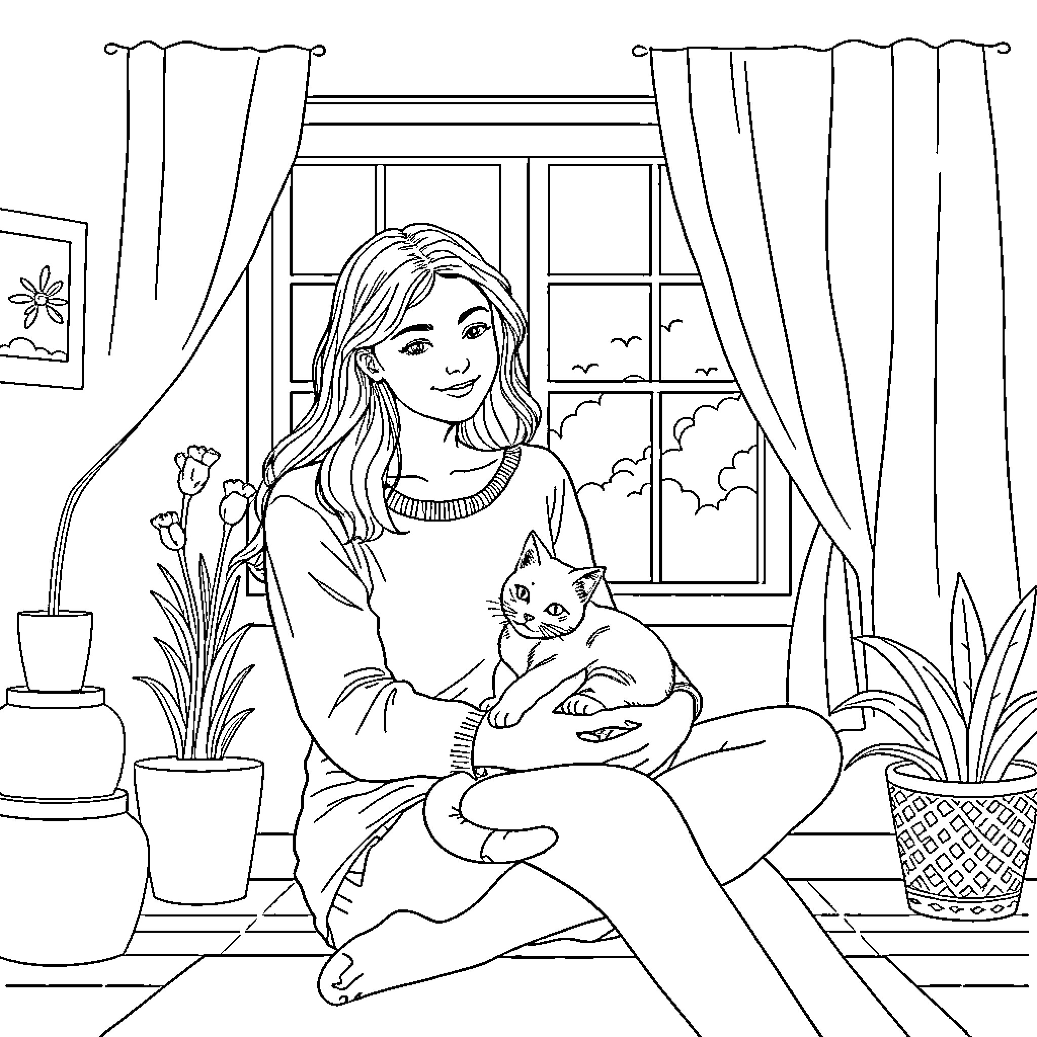 Woman enjoying quality time with her pet cat Coloring Page (free black-and-white line drawing printable PDF for all, from beginners to advanced learners, including children, teens, adults, and seniors)