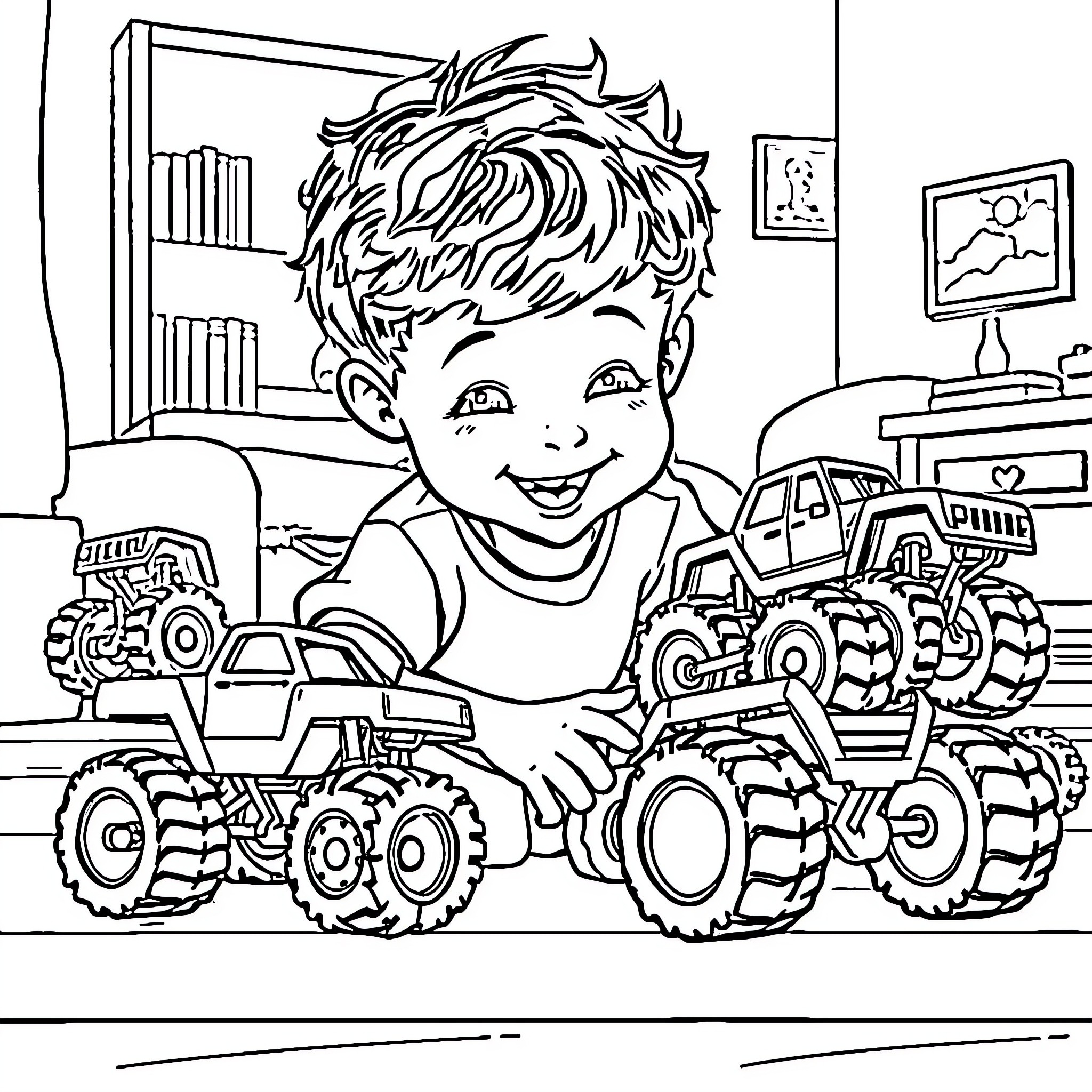 Boy playing happily with toy monster trucks Coloring Page (free black-and-white line drawing printable PDF for all, from beginners to advanced learners, including children, teens, adults, and seniors)