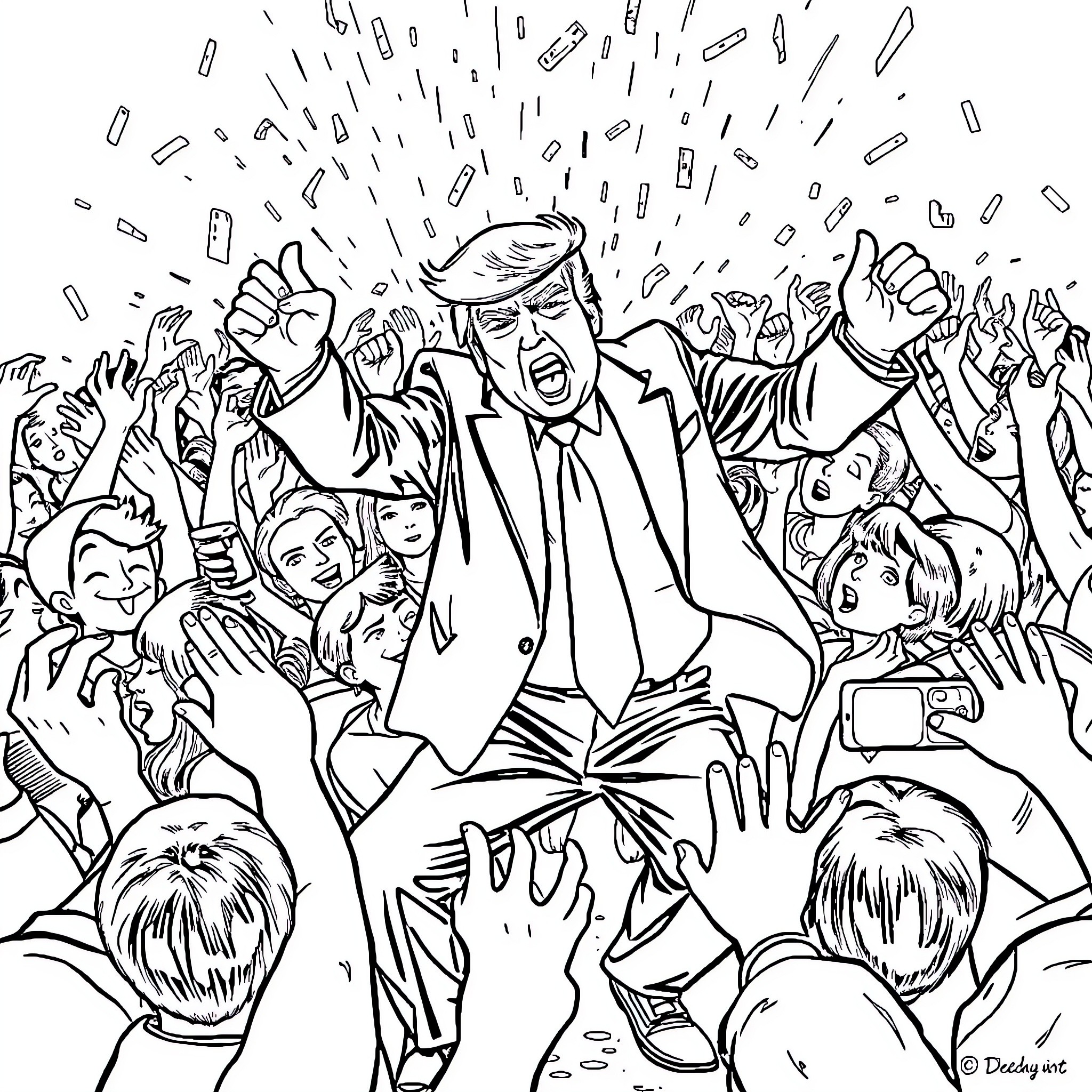 Donald Trump Addressing Energetic Crowd Coloring Page (free black-and-white line drawing printable PDF for all, from beginners to advanced learners, including children, teens, adults, and seniors)