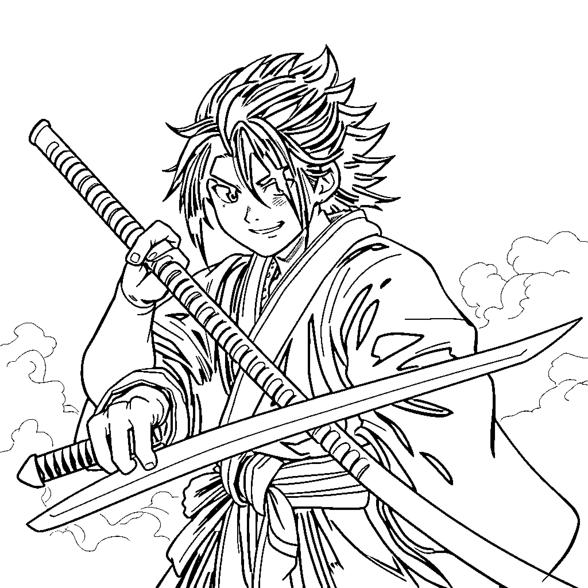 Tanjiro's Courageous Samurai Stance Coloring Page (free black-and-white line drawing printable PDF for all, from beginners to advanced learners, including children, teens, adults, and seniors)