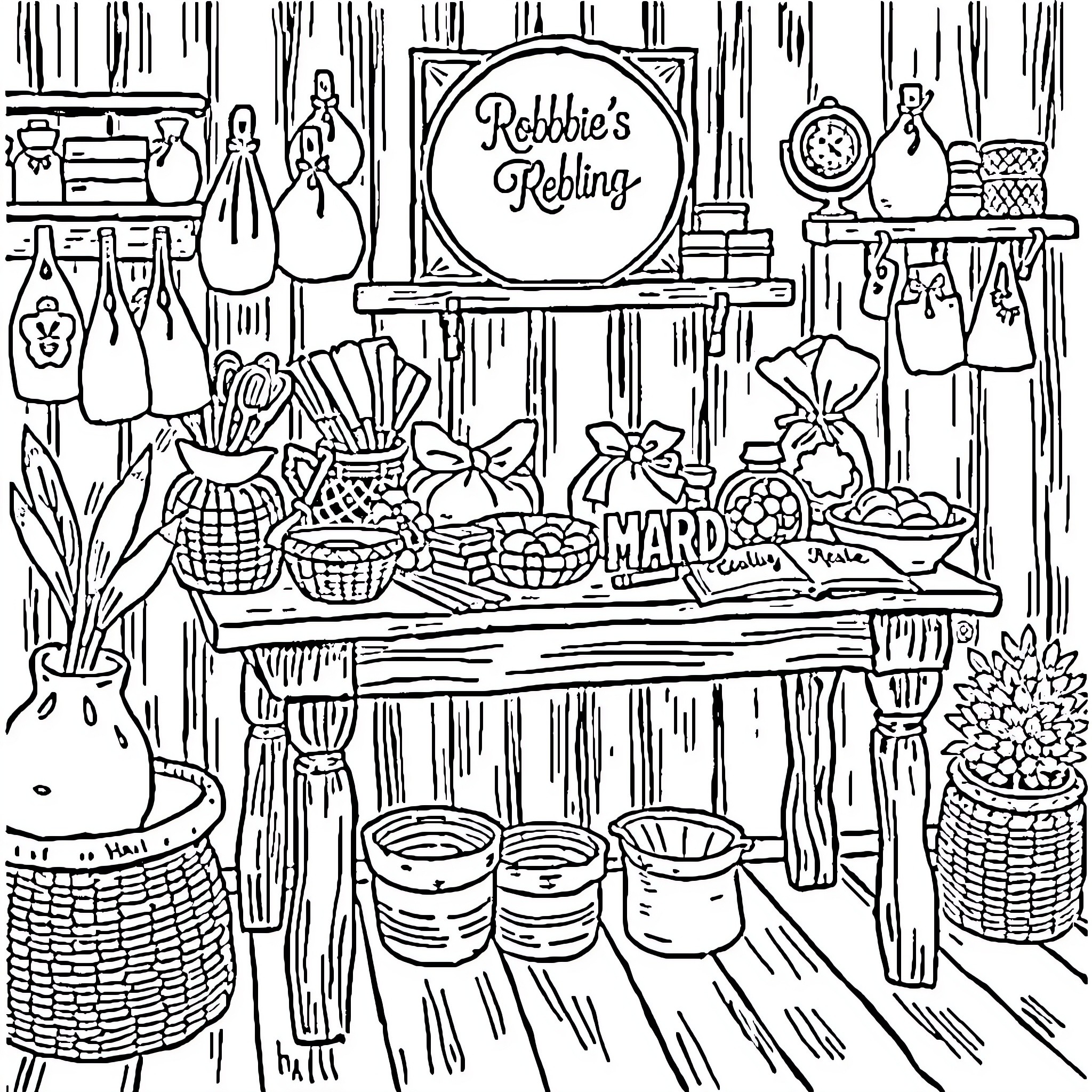Bobbie's Quaint Vintage Market Stall Coloring Page (free black-and-white line drawing printable PDF for all, from beginners to advanced learners, including children, teens, adults, and seniors)
