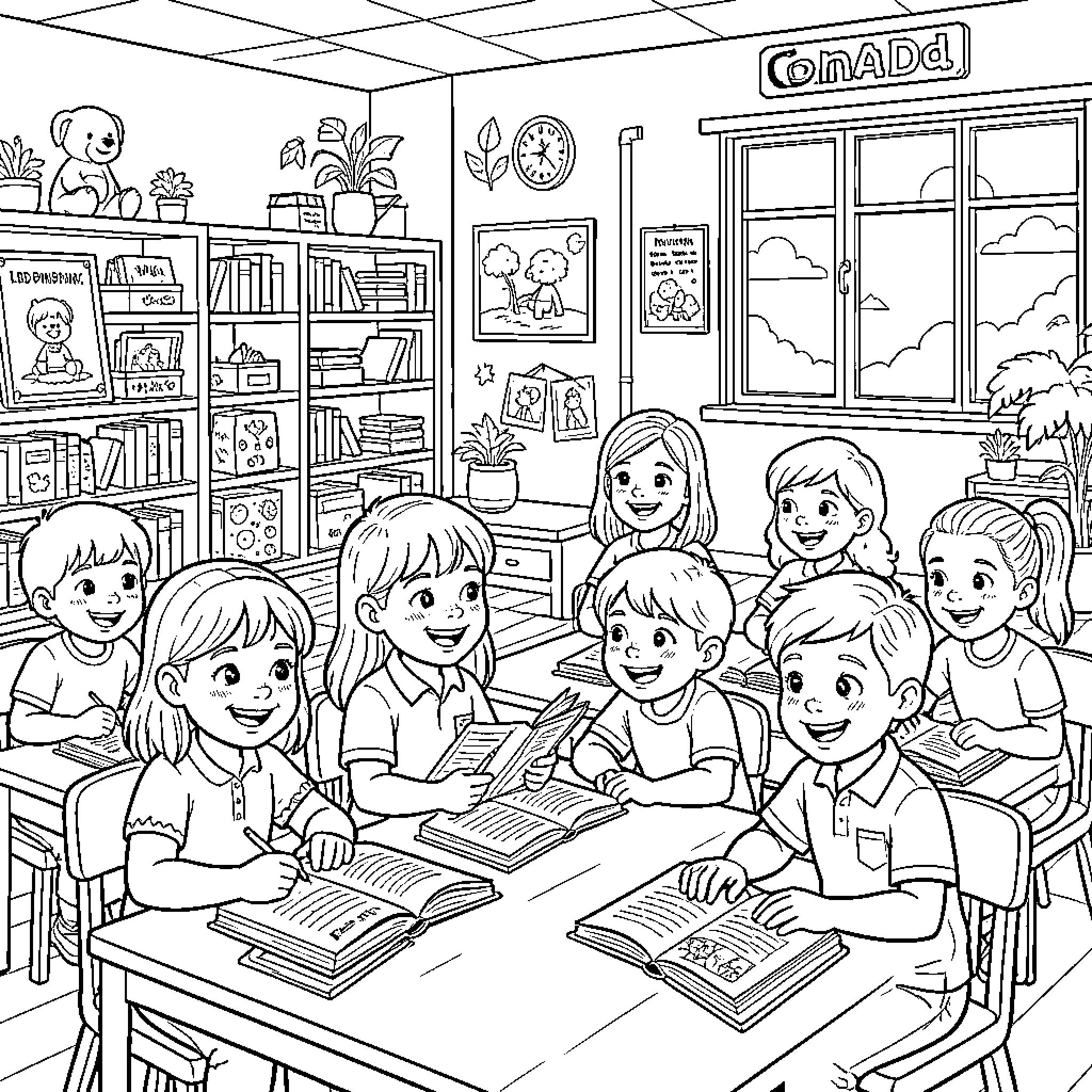 LDS Primary Children Studying and Learning Together Coloring Page (free black-and-white line drawing printable PDF for all, from beginners to advanced learners, including children, teens, adults, and seniors)