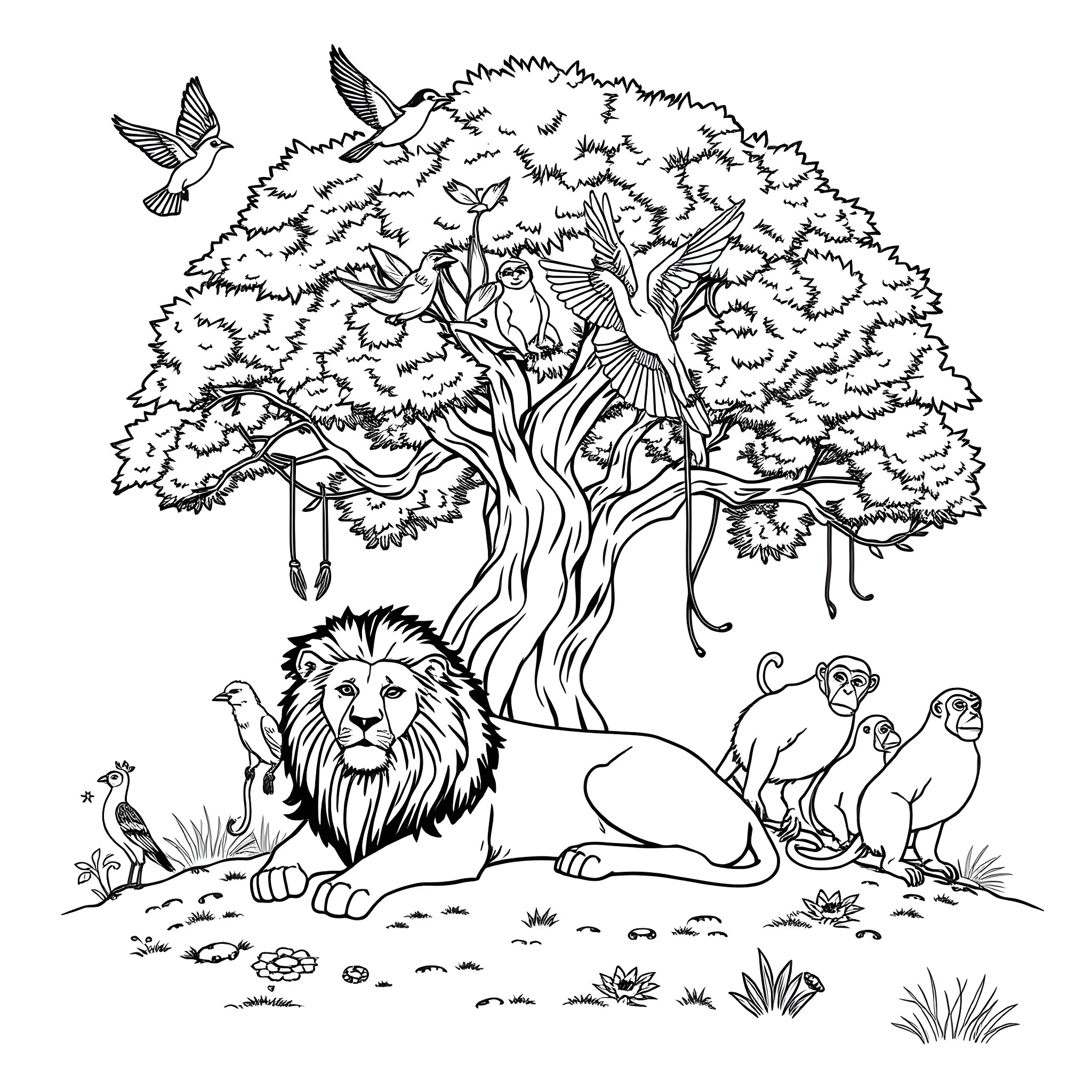 Animal Wildlife Gathering in Lush Jungle Coloring Page (free black-and-white line drawing printable PDF for all, from beginners to advanced learners, including children, teens, adults, and seniors)