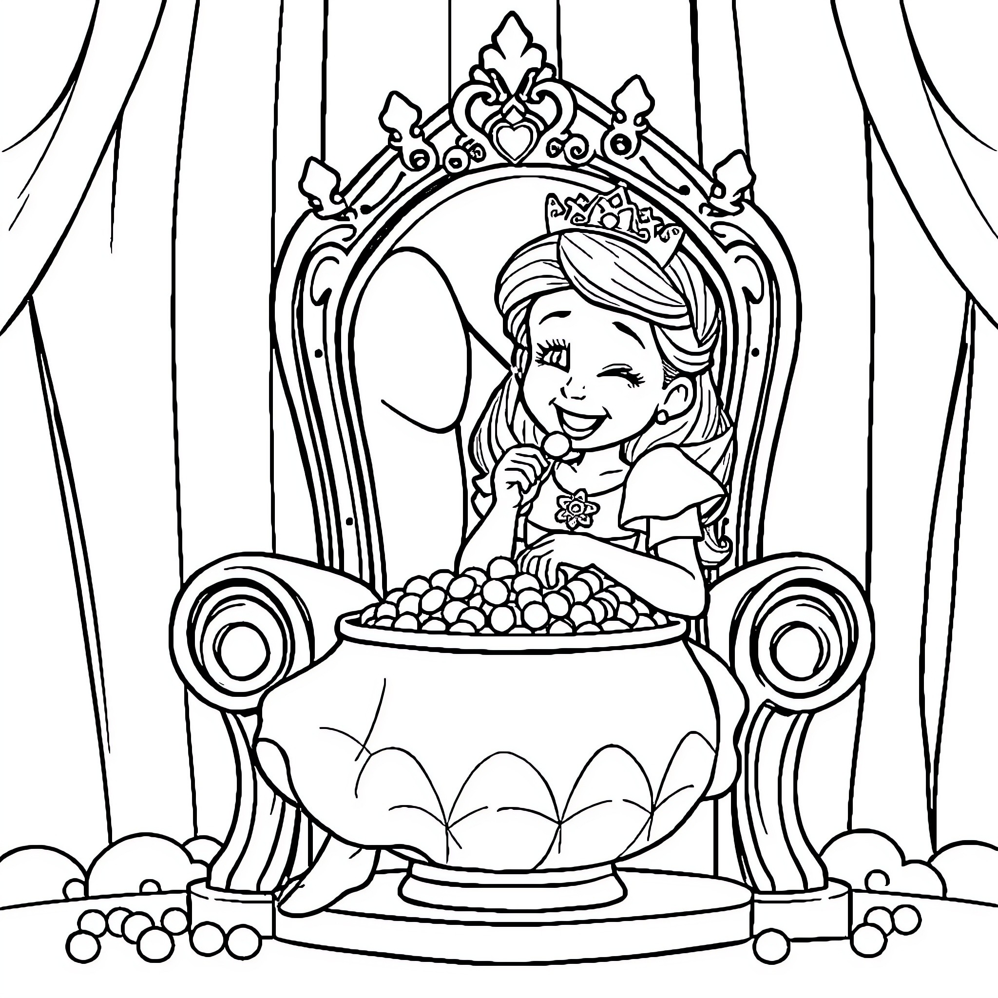 Princess sitting on a throne surrounded by treasures Coloring Page (free black-and-white line drawing printable PDF for all, from beginners to advanced learners, including children, teens, adults, and seniors)