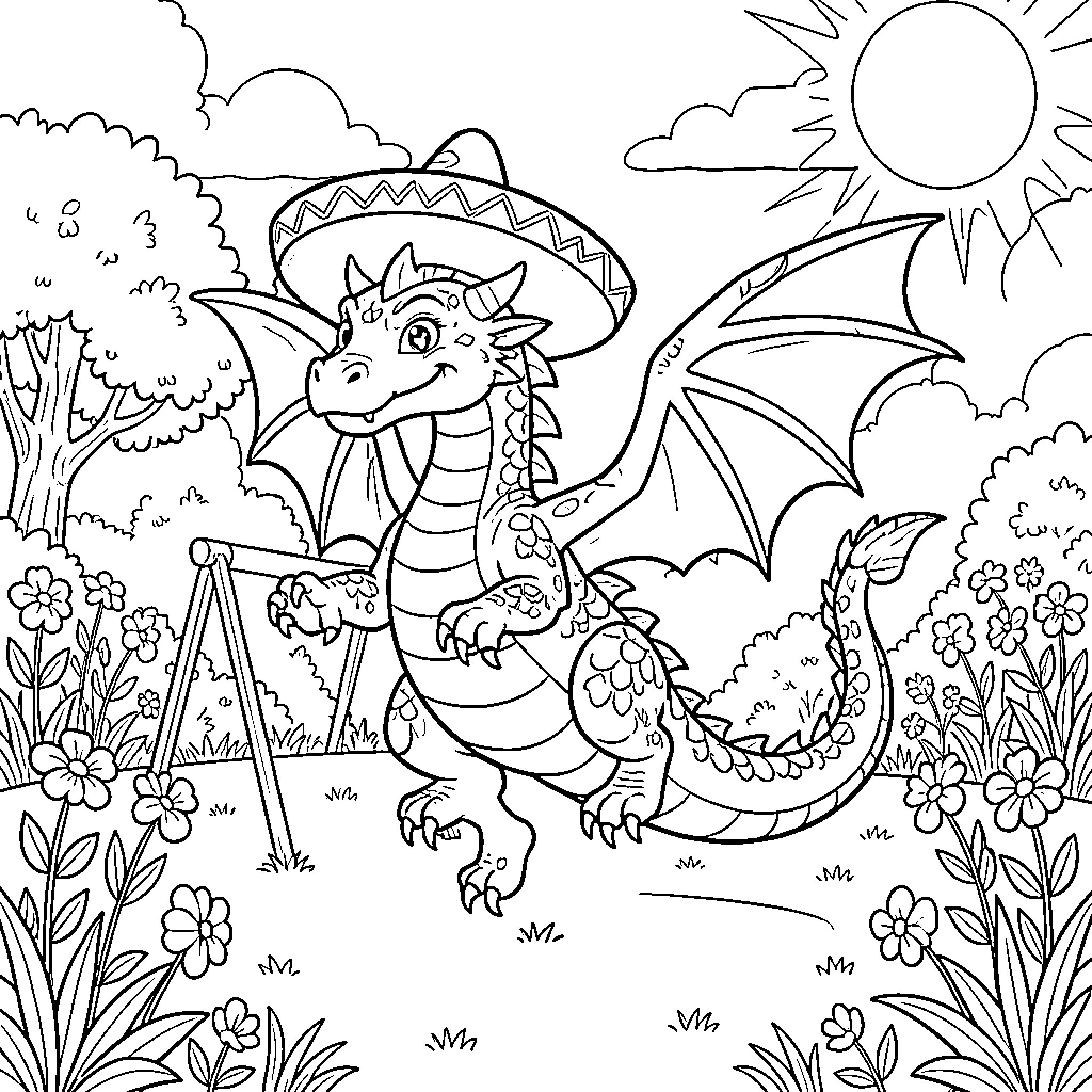 Dragon wearing a sombrero playing in a garden Coloring Page (free black-and-white line drawing printable PDF for all, from beginners to advanced learners, including children, teens, adults, and seniors)