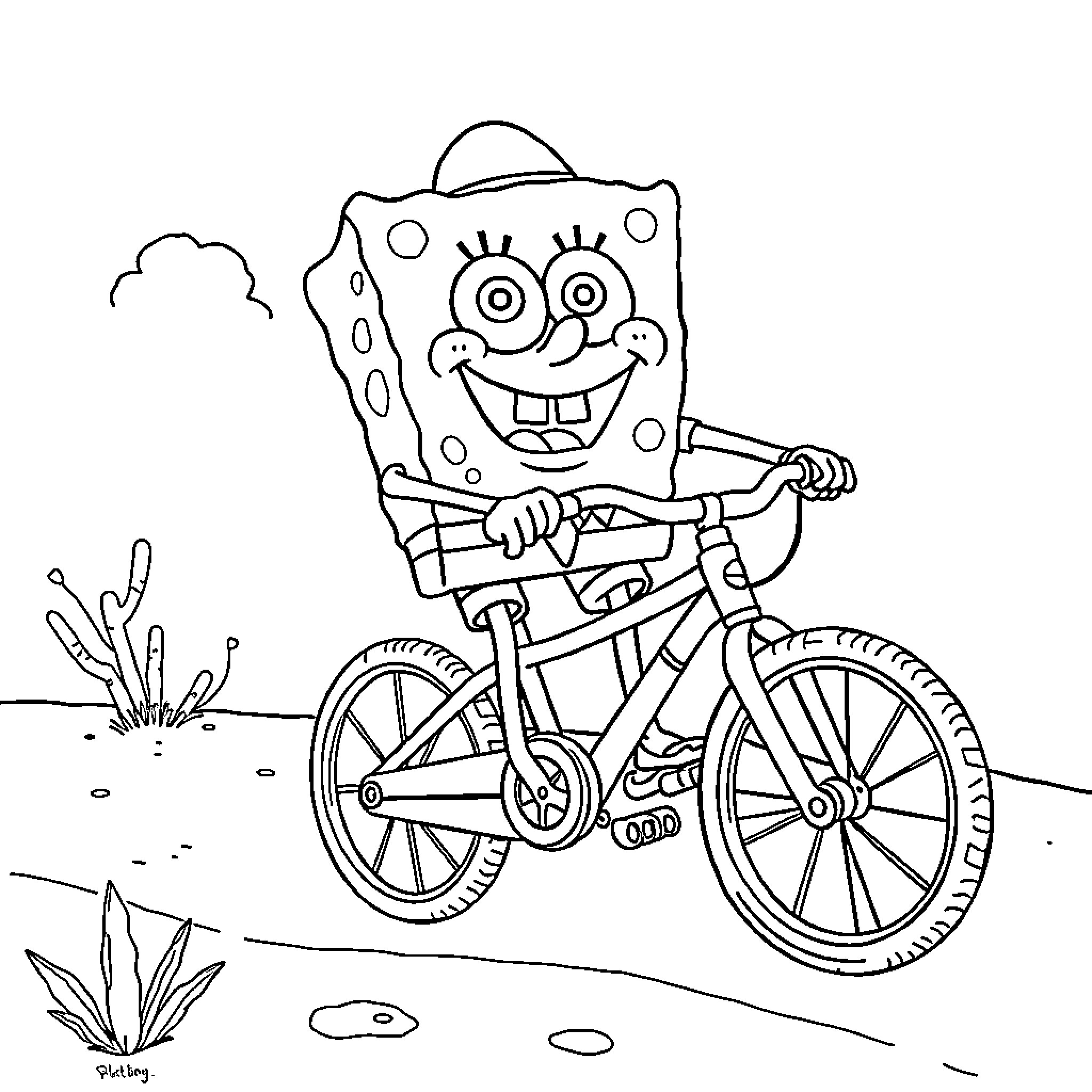 Spongebob riding a bicycle happily in the outdoors Coloring Page (free black-and-white line drawing printable PDF for all, from beginners to advanced learners, including children, teens, adults, and seniors)