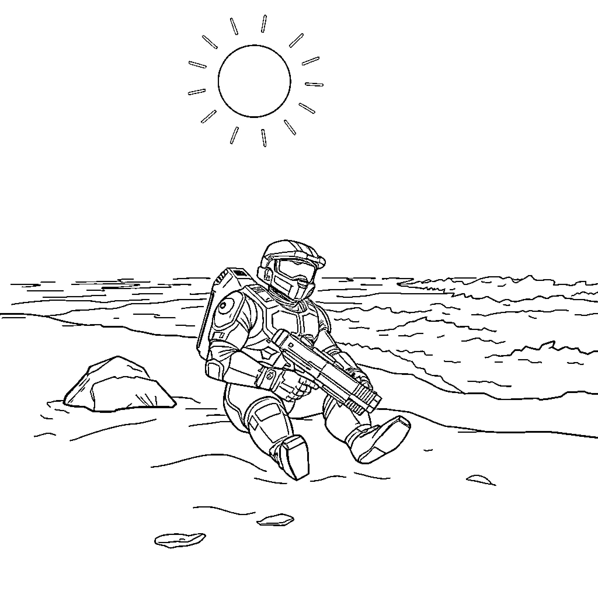 Master Chief exploring desert landscape under the sun Coloring Page (free black-and-white line drawing printable PDF for all, from beginners to advanced learners, including children, teens, adults, and seniors)
