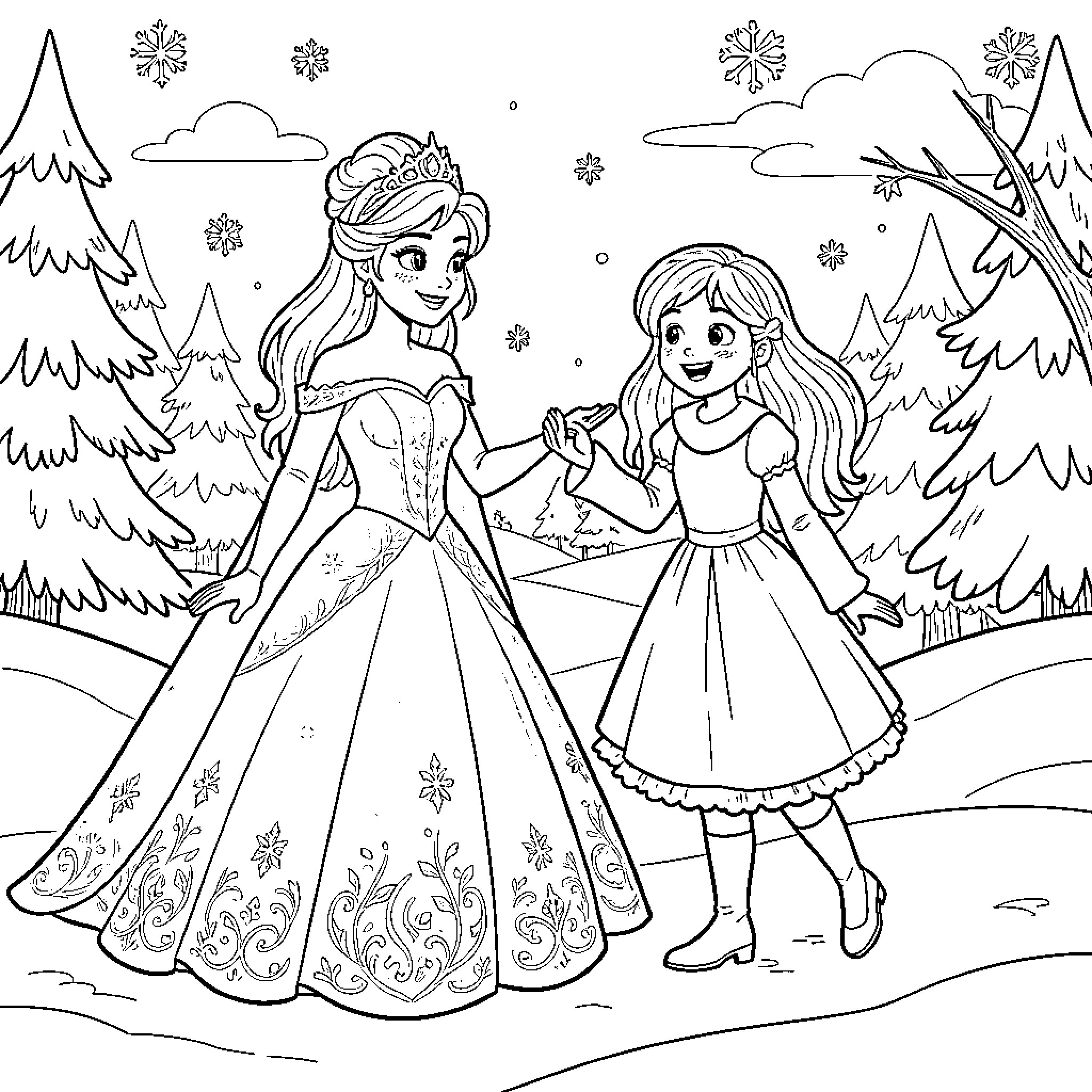 Reine's Winter Wonderland Adventure Coloring Page (free black-and-white line drawing printable PDF for all, from beginners to advanced learners, including children, teens, adults, and seniors)