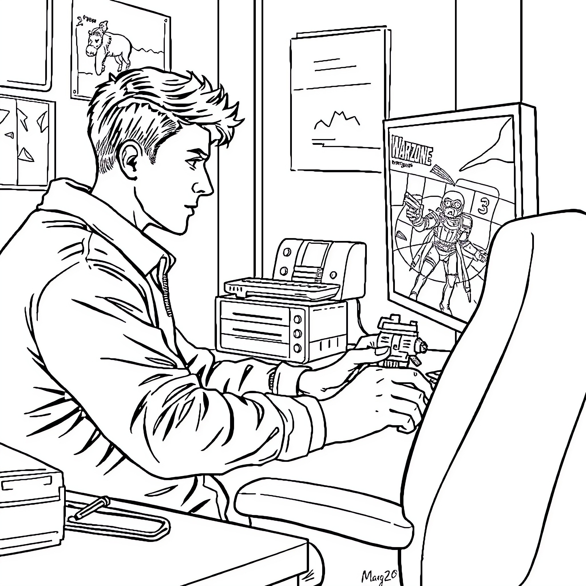 Young Man Engrossed in Video Game Play Coloring Page (free black-and-white line drawing printable PDF for all, from beginners to advanced learners, including children, teens, adults, and seniors)