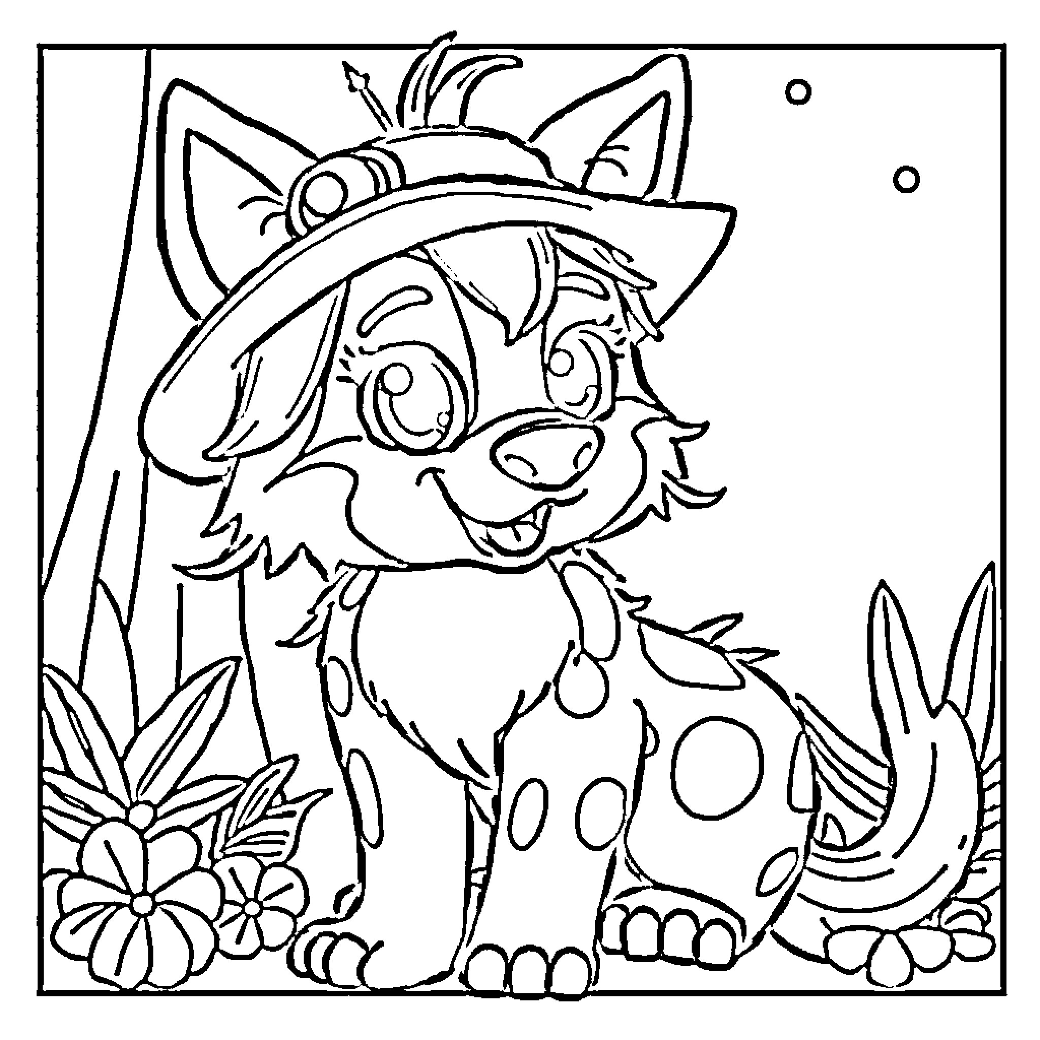 Coco the Spotted Puppy in a Floral Garden Coloring Page (free black-and-white line drawing printable PDF for all, from beginners to advanced learners, including children, teens, adults, and seniors)