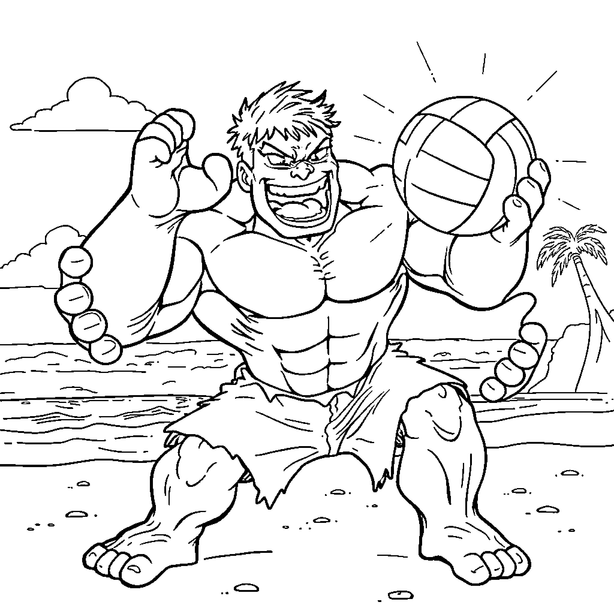 Hulk playing beachball with excitement Coloring Page (free black-and-white line drawing printable PDF for all, from beginners to advanced learners, including children, teens, adults, and seniors)