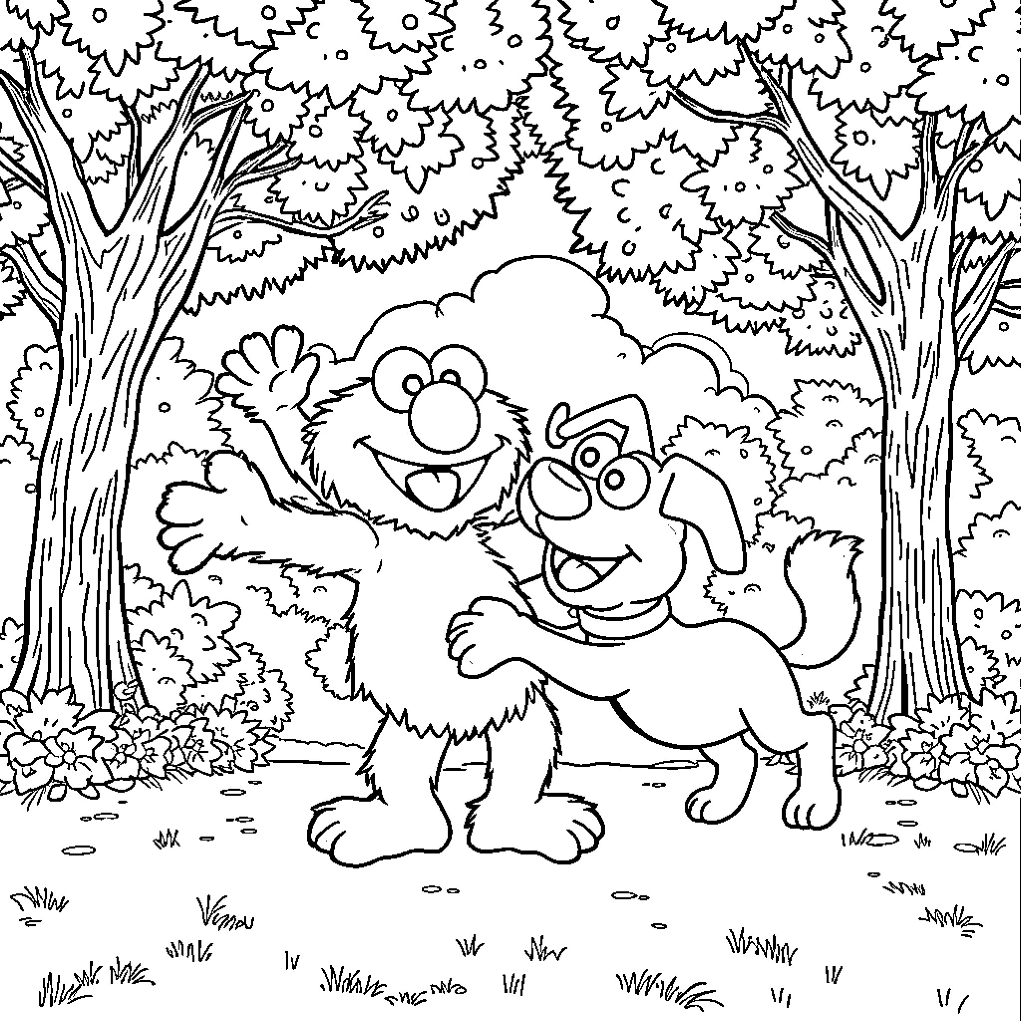 Elmo playing with furry friend in forest Coloring Page (free black-and-white line drawing printable PDF for all, from beginners to advanced learners, including children, teens, adults, and seniors)